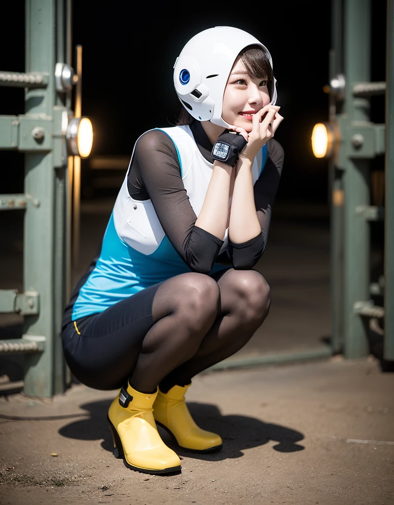 Alafeld Asian cyborg woman sitting on the ground, wearing a light yellow mecha, squat:1.4,gorgeous young Korean cyborg woman, mechanical shoulder blades, (Mechanical body), Mechanical Arm, robotic hand, white mechanical legs, mechanical stomach, smile