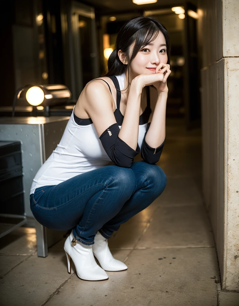 Alafeld Asian cyborg woman sitting on the ground, wearing a light yellow mecha, squat:1.4,gorgeous young Korean cyborg woman, mechanical shoulder blades, (Mechanical body), Mechanical Arm, robotic hand, white mechanical legs, mechanical stomach, smile