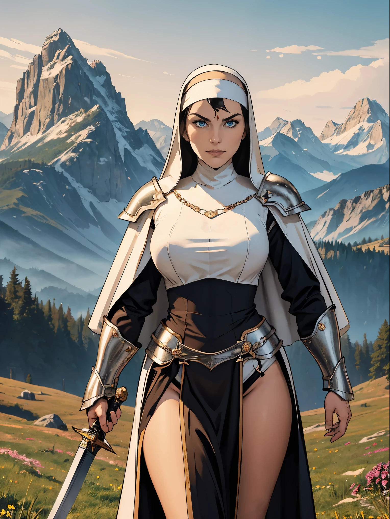 (masterpiece, top quality, best quality, official art, beautiful and aesthetic:1.2), (1girl:1.3), ((Sharp facial features, sharp features, hawkish features)), ((blue eyes)), busty brunette paladin knight girl, extremely detailed, portrait, looking at viewer, solo, (full body:0.6), detailed background, full-body shot, (warm mountain meadow theme:1.1), holy knight, (nun), charlatan, smirk, mysterious, swaying in mountains, armor, polished metal, gold trim, long boots, white fabric, pelvic curtain, robe, pale leather, ((((nun, greatsword, heavy armor, armored, long legs, pelvic curtain, toned, muscular)))), slim waist, slim hips, long legs, medieval (mountain exterior:1.1) background, dark mysterious lighting, shadows, magical atmosphere, dutch angle