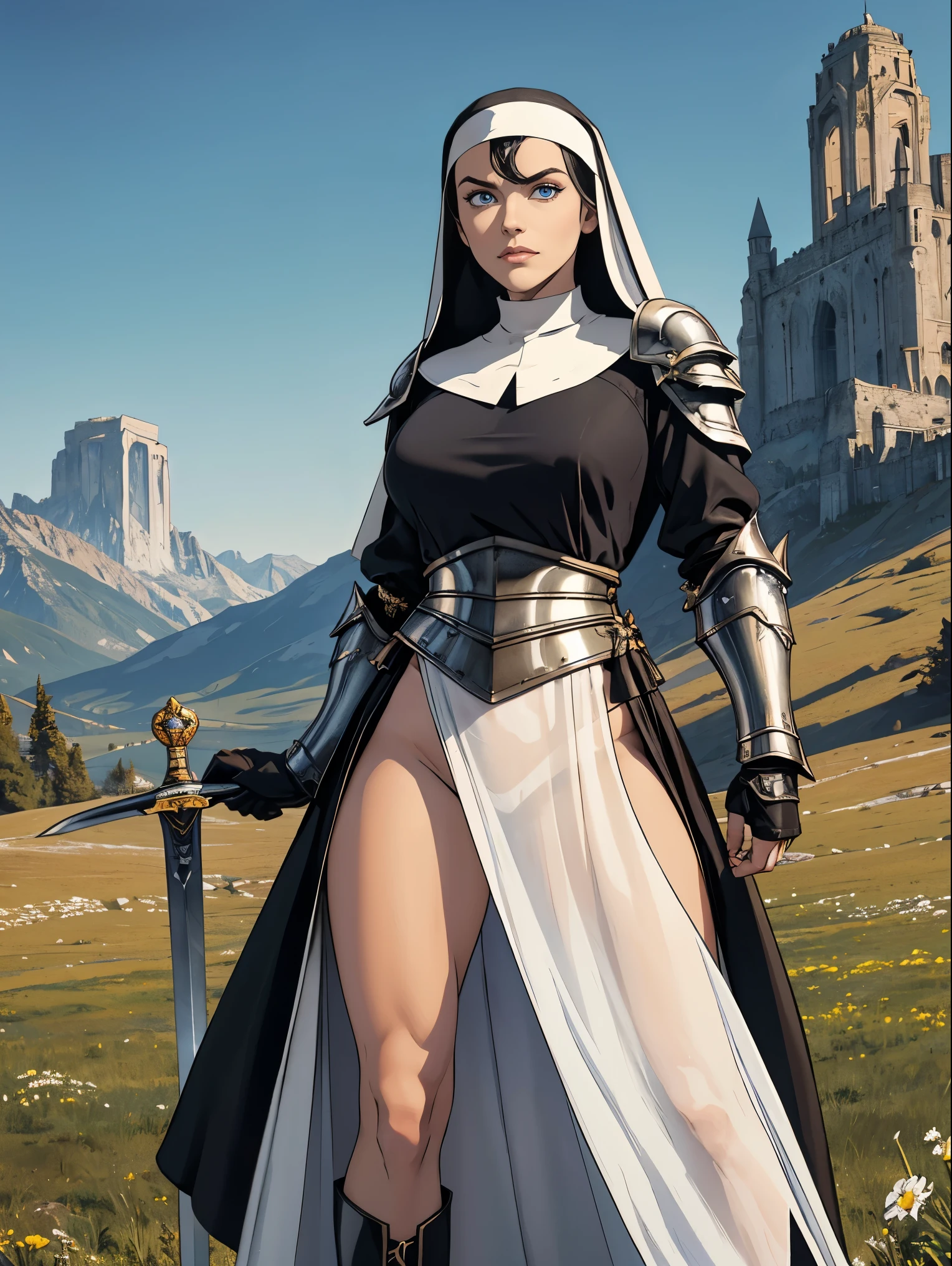 (masterpiece, top quality, best quality, official art, beautiful and aesthetic:1.2), (1girl:1.3), ((Sharp facial features, sharp features, hawkish features)), ((blue eyes)), busty brunette paladin knight girl, extremely detailed, portrait, looking at viewer, solo, (full body:0.6), detailed background, full-body shot, (warm mountain meadow theme:1.1), holy knight, (nun), charlatan, smirk, mysterious, swaying in mountains, armor, polished metal, gold trim, long boots, white fabric, pelvic curtain, robe, pale leather, ((((nun, greatsword, heavy armor, armored, long legs, pelvic curtain, toned, muscular)))), slim waist, slim hips, long legs, medieval (mountain exterior:1.1) background, dark mysterious lighting, shadows, magical atmosphere, dutch angle