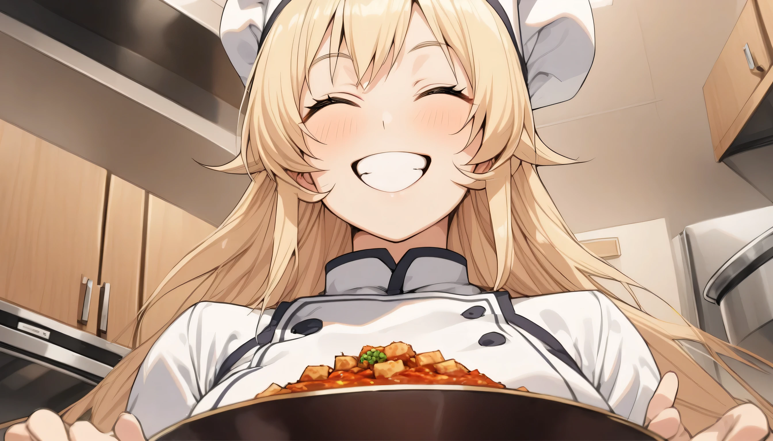 1girl, solo, long hair, blonde hair,from below, masterpiece, best quality, chef uniform, kitchen, bowl of mapo tofu, closed eyes, smile, happy, ^_^, food