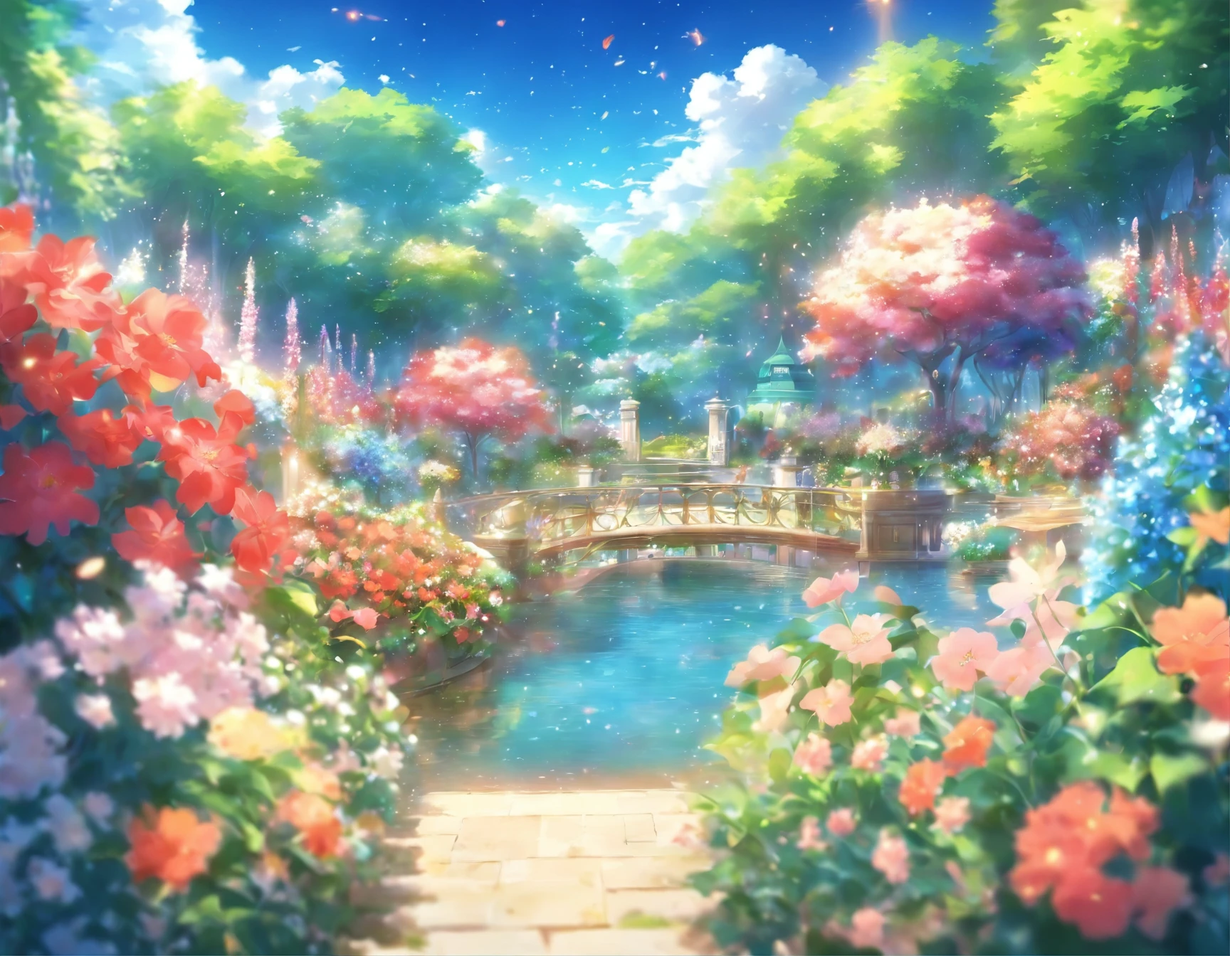 flower garden, luxurious, bright, sparkling