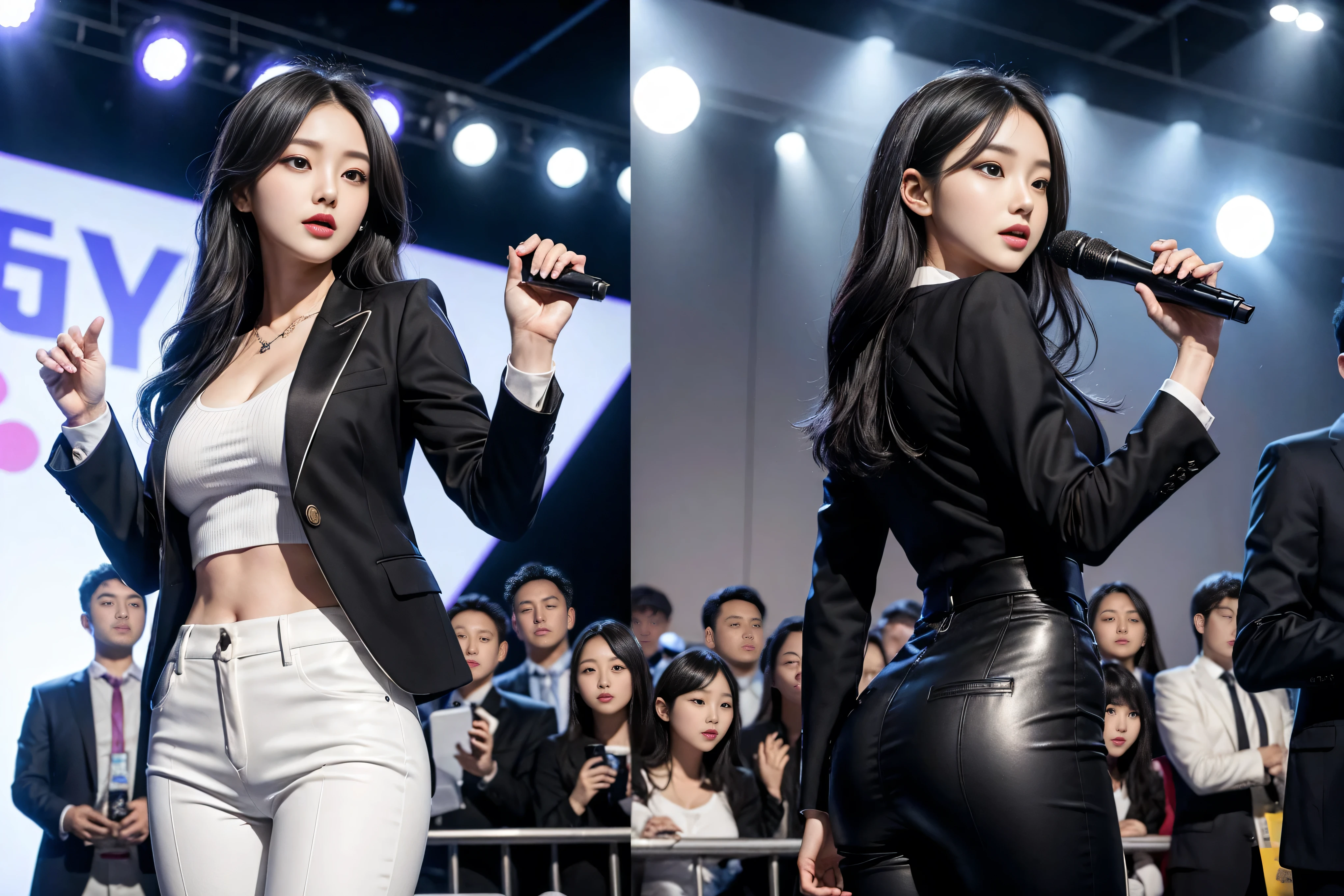 (8k,Highest Quality,masterpiece,practical,Super detailed:1.3),(1 girl,Beautiful Korean girl, Korean pop idol),(Black suit jacket:1.2),(White skinny trousers:1.1),(Serious expression:1.2)discuss,(speech,Handheld Microphone:1.2)(crowd,audience:1.3),Sexy long legs, (Thigh gap:1.5),Wide hips,S-Shaped Body, Hips lifted,,black hair,(Ass Focus:1.1)Shot from behind