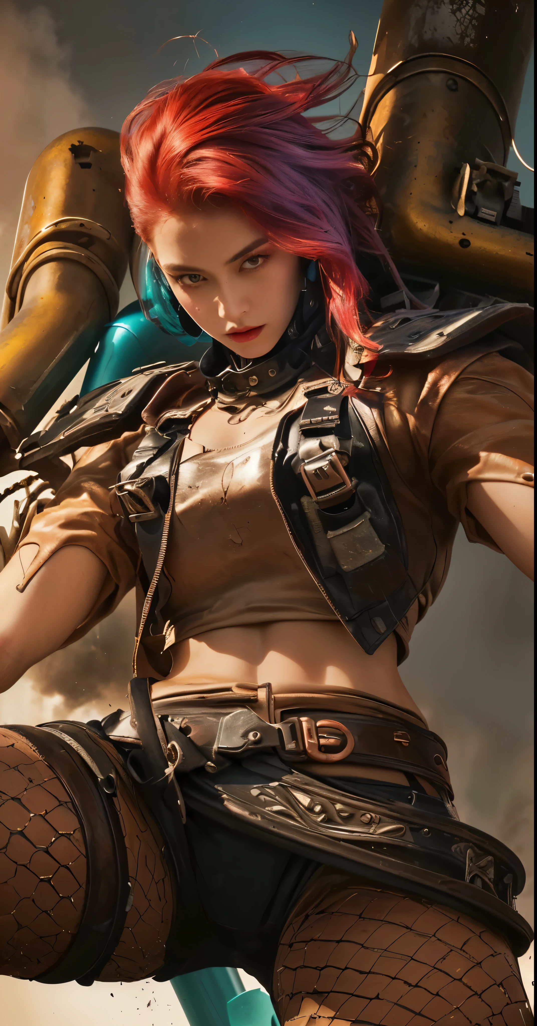 (best quality,4k,8k,highres,masterpiece:1.2),ultra-detailed,(realistic,photorealistic,photo-realistic:1.37),detailed eyes and face,intense gaze,beautiful detailed red hair,weathered metal,dark and gritty atmosphere,steampunk fashion,fierce expression,mixed with a hint of vulnerability,industrial setting,high contrast lighting,gritty urban backdrop,elegant and confident stance,captivating and enigmatic presence,vibrant colors with a reddish tint,complex machinery,copper accents,screw and gear accessories,smoky and moody atmosphere,detailed leather textures,art nouveau-inspired facial markings,dystopian setting,retro-futuristic aesthetics,stylized blending of past and future.