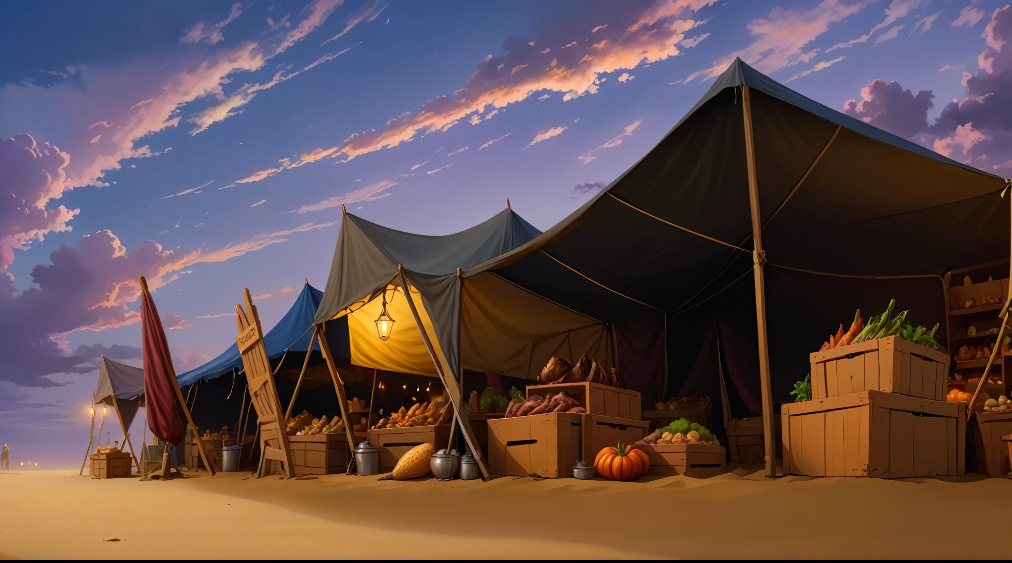 (masterpiece:1.2), (best quality,:1.2), 8k, HDR, ultra detailed, anime background illustration, digital art, horror market, dark fantasy market, medieval market, werewolf shopkeeper inside the tents, (selling weird foods, odd plants in the wooden boxes, animal bones, monster meats on the table), dawn sky, market tents, market stalls table, market stalls display case clouds, cloudy daybreak sky, sand ground,