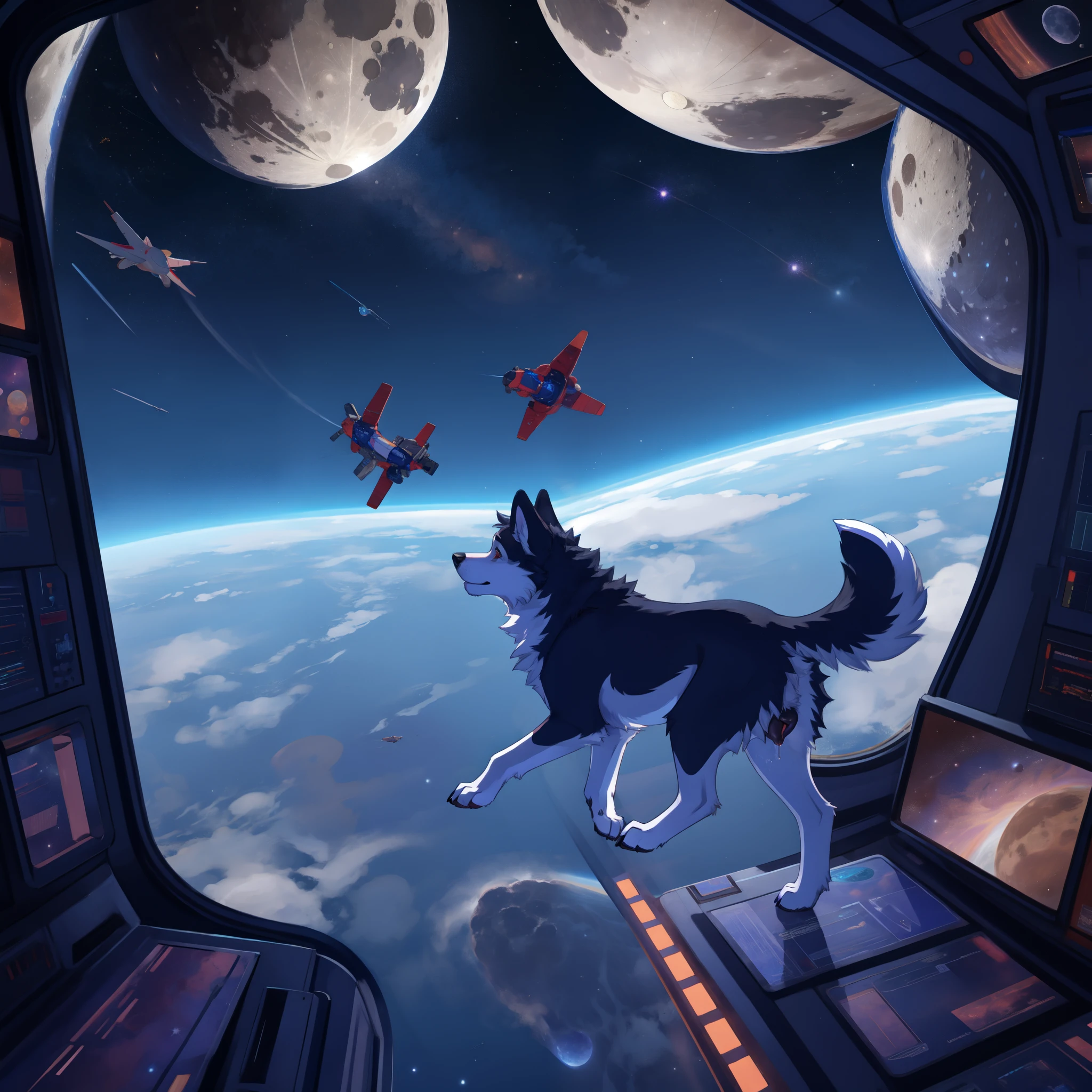 feral dog, husky, female, canine pussy, pussy juice, spaceship, window, space, moon, zero gravity, flying