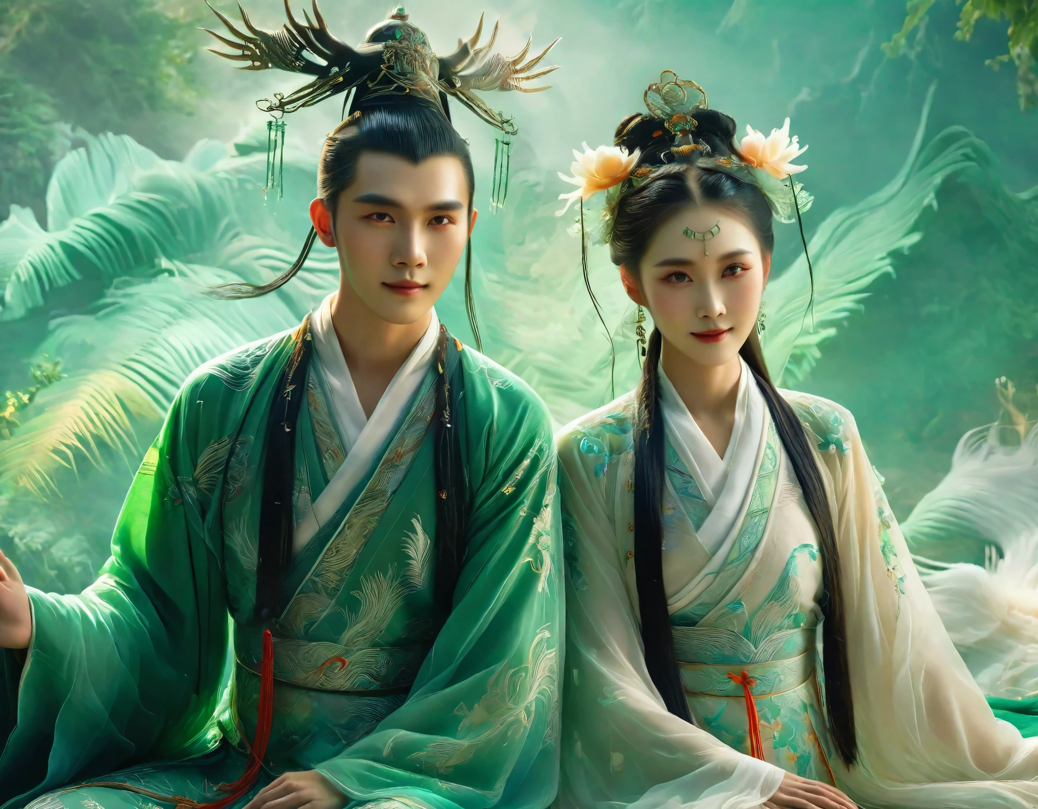 (a couple),(traditional Chinese fantasy),(ancient China),(period costume),(portrait), (bright and vivid colors),(soft lighting),(detailed intricate patterns on clothing), (lush green background),(romantic atmosphere),(graceful pose),(gentle smiles),(delicate features),(magical elements),(mystical ambiance)