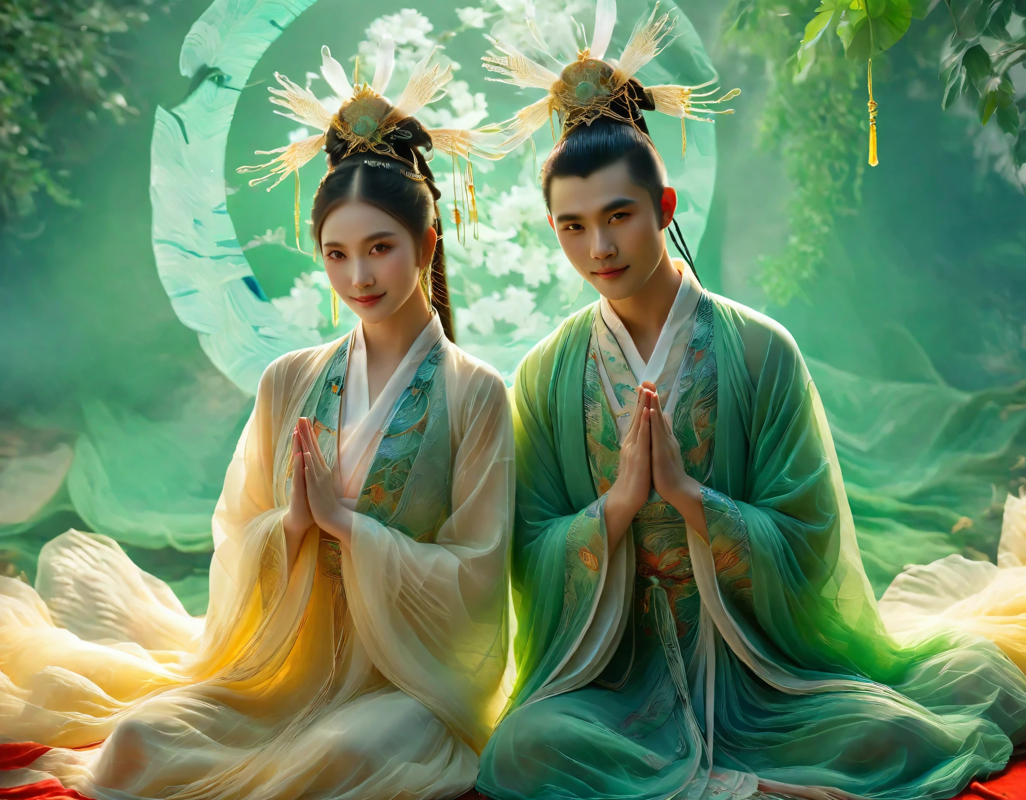 (a couple),(traditional Chinese fantasy),(ancient China),(period costume),(portrait), (bright and vivid colors),(soft lighting),(detailed intricate patterns on clothing), (lush green background),(romantic atmosphere),(graceful pose),(gentle smiles),(delicate features),(magical elements),(mystical ambiance)