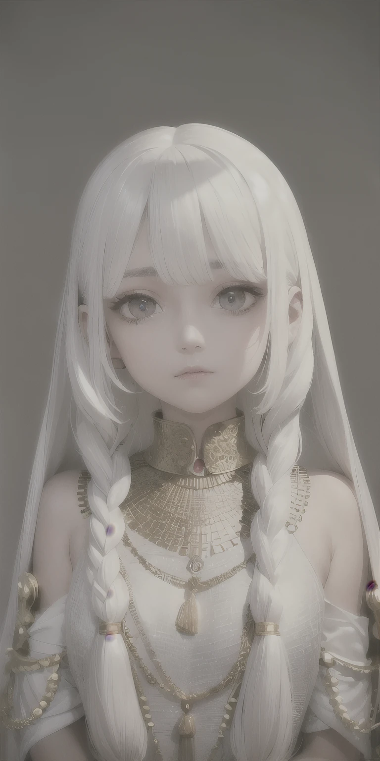best quality, masterpiece,white hair, gold eyes,white clothes, looking up, upper body,hair strand,Fair skin,side braids