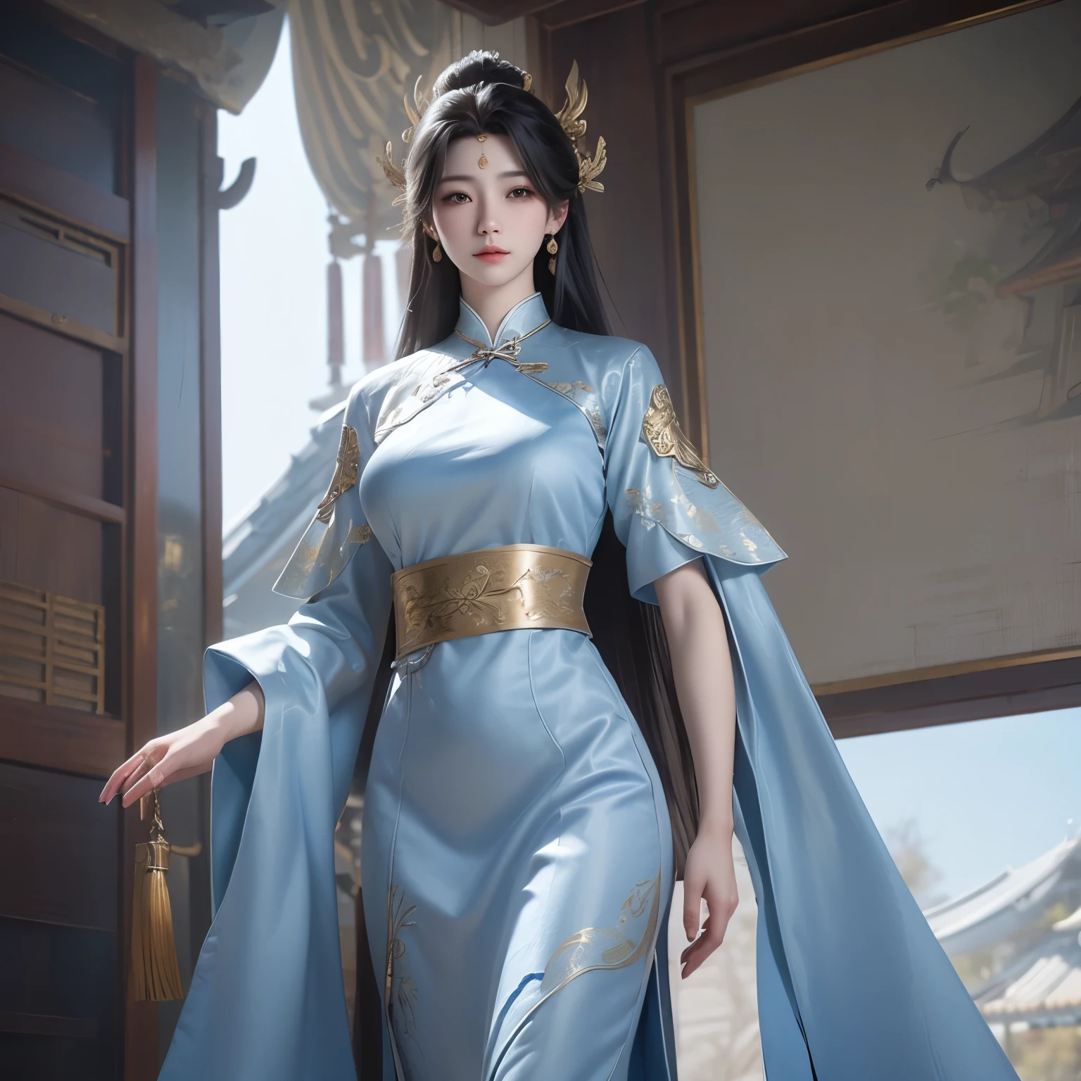 ((Cha Hae-Lin/Solo Leveling)), ((Battle Through The Heaven Theme))(realistic, photo-realistic:1.4), (1woman), big breast, wearing light blue Korean Cheongsam, hand on hips.