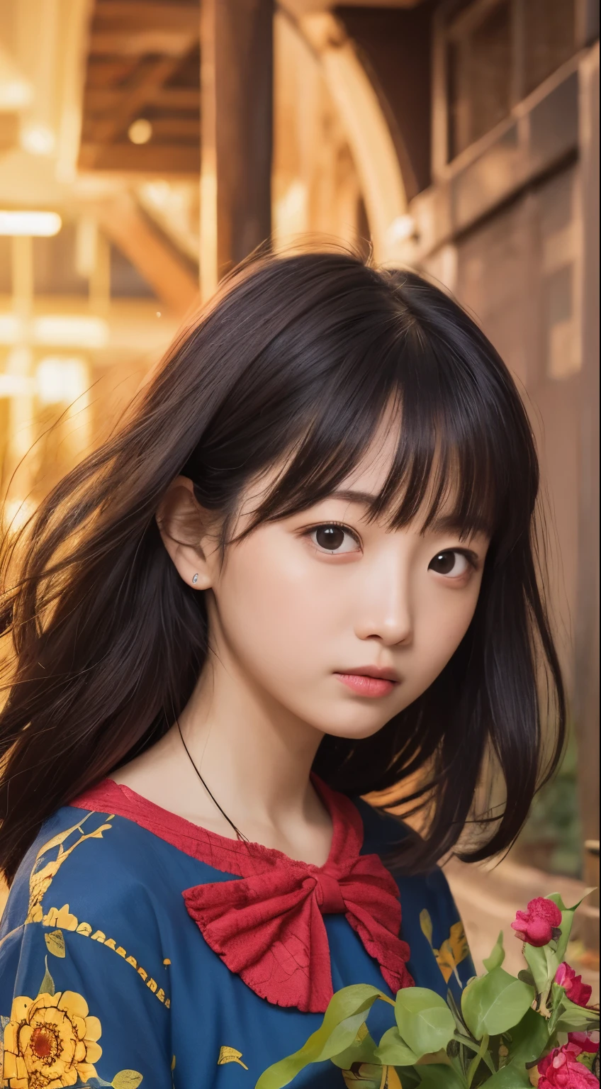 Mastepiece、highest quality、8K、10 years old、10th Generation、Raw photo、Nonsense、Winner&#39;s portrait、smile、solo、(night:1.8)、Idol face、Viola Sheath、Delicate girl、Upper Body、Digital SLR、Viewer&#39;s Eyes、Frank、Sophisticated、Thin arms、Professional Lighting、Film Grain、chromatic aberration、(Eye and facial details:1.0)、(Bokeh:1.1)、(Robe Dress:1.1)、Close your mouth
