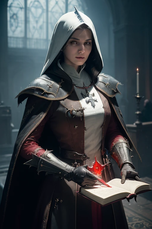 (((medium full shot))), (Masterpiece, photorealistic, photorealism, best quality, ultra-detailed:1.3), (nice hands, perfect hands), official art, cinematic light, (1girl:1.3), adult, highly detailed lineage reminder of Carne Griffiths, imbued with Wadim Kashim's bold color and texture, light and airy as Carl Larsson's compositions, dark background, (powerful lady inquisitor:1.5), bloodborne, very beautiful, holding a sword, red aura, dark magic splash, magic, books, gothic, dark, evil, castle, white hair, blood, featuring Pascal Blanche-style hyper-realistic characters, pastel, elegance, dramatic lighting, expressive camera angle, matte, concept art