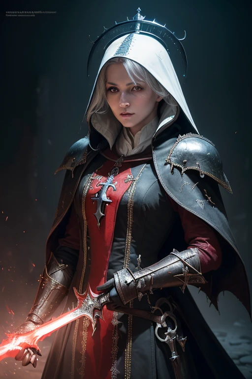 (((medium full shot))), (Masterpiece, photorealistic, photorealism, best quality, ultra-detailed:1.3), (nice hands, perfect hands), official art, cinematic light, (1girl:1.3), adult, highly detailed lineage reminder of Carne Griffiths, imbued with Wadim Kashim's bold color and texture, light and airy as Carl Larsson's compositions, dark background, (powerful lady inquisitor:1.5), bloodborne, very beautiful, holding a sword, red aura, dark magic splash, magic, books, gothic, dark, evil, castle, white hair, blood, featuring Pascal Blanche-style hyper-realistic characters, pastel, elegance, dramatic lighting, expressive camera angle, matte, concept art