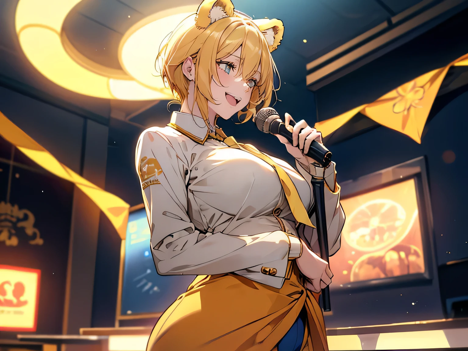 1female, teacher, wearing a yellow suit, yellow tie, bootyshorts, Thicc, large breast, yellow hair, short hair, yellow bear ears, glowing blue eyes, face to detail, detailed eyes, the background is a bright pizzaria, holding an microphone, laughing, Close up. 