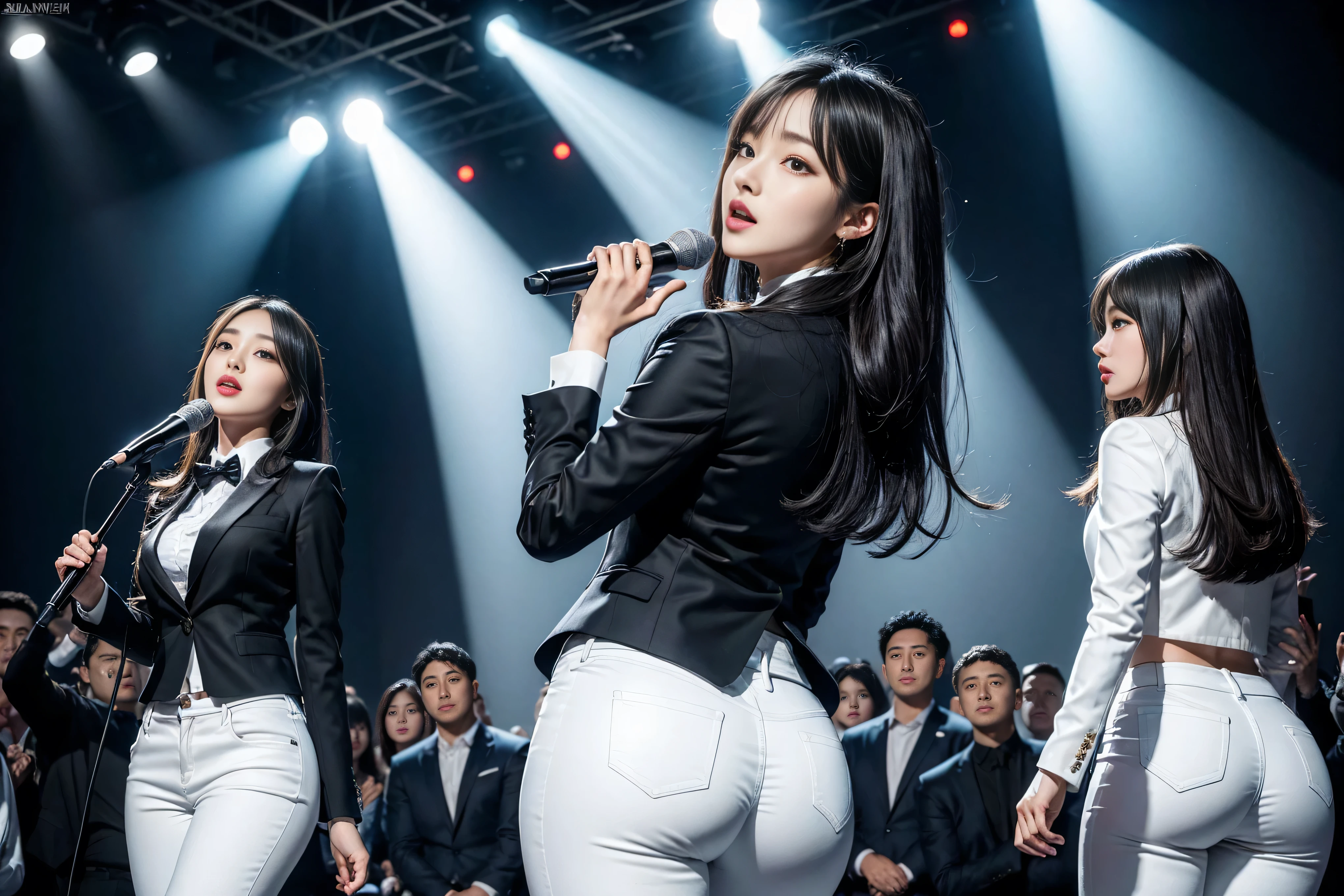 (8k,Highest Quality,masterpiece,practical,Super detailed:1.3),(1 girl,Beautiful Korean girl, Korean pop idol),(Black suit jacket:1.2),(White skinny trousers:1.1),(Serious expression:1.2)discuss,(speech,Handheld Microphone:1.2)(crowd,audience:1.3),Sexy long legs, (Thigh gap:1.5),Wide hips,S-Shaped Body, Hips lifted,,black hair,(Ass Focus:1.1)Shot from behind