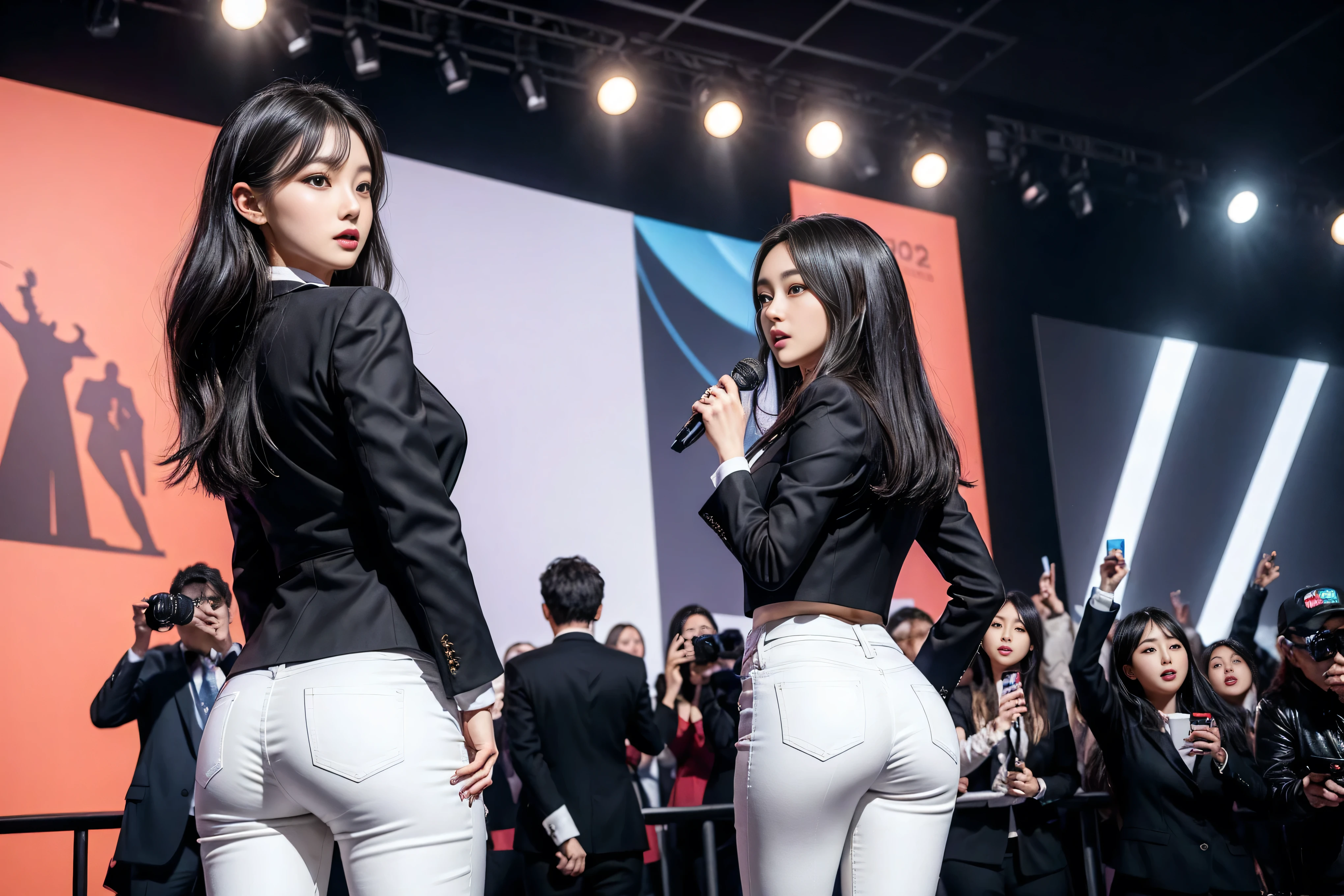 (8k,Highest Quality,masterpiece,practical,Super detailed:1.3),(1 girl,Beautiful Korean girl, Korean pop idol),(Black suit jacket:1.2),(White skinny trousers:1.1),(Serious expression:1.2)discuss,(speech,Handheld Microphone:1.2)(crowd,audience:1.3),Sexy long legs, (Thigh gap:1.5),Wide hips,S-Shaped Body, Hips lifted,,black hair,(Ass Focus:1.1)Shot from behind