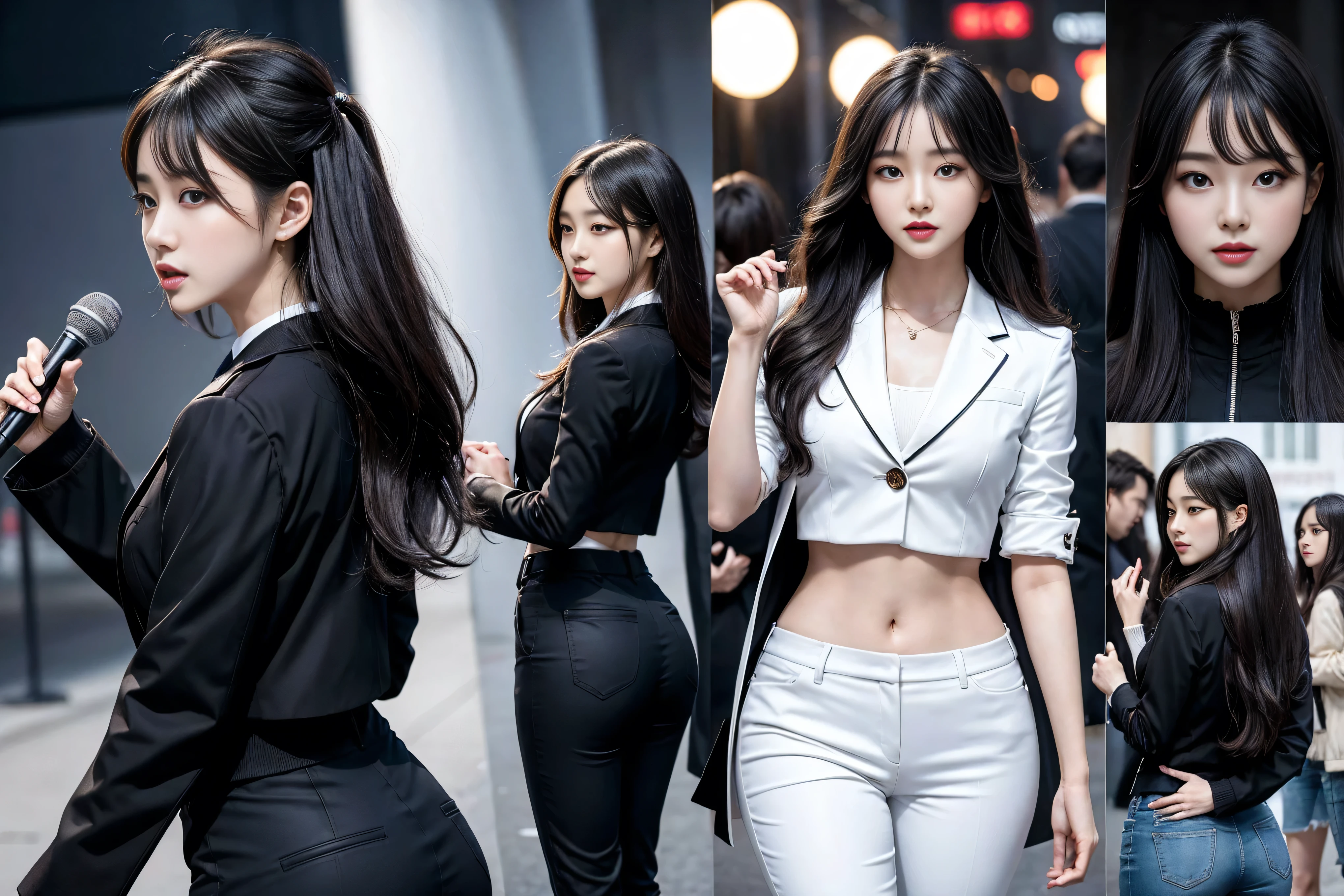 (8k,Highest Quality,masterpiece,practical,Super detailed:1.3),(1 girl,Beautiful Korean girl, Korean pop idol),(Black suit jacket:1.2),(White skinny trousers:1.1),(Serious expression:1.2)discuss,(speech,Handheld Microphone:1.2)(crowd,audience:1.3),Sexy long legs, (Thigh gap:1.5),Wide hips,S-Shaped Body, Hips lifted,,black hair,(Ass Focus:1.1)Shot from behind