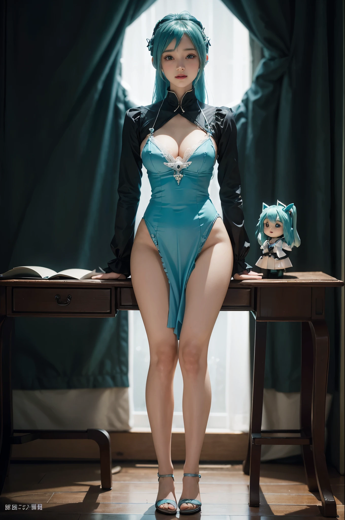 (8k, highest quality, masterpiece:1.2), Super detailed, (front focus), (in the dark:1.6), Hyperrealist portrait of female by david hockney and alphonse mucha, fantasy art, photo realistic, dynamic lighting, artstation, poster, volumetric lighting, very detailed faces, award winning,there is a doll sitting on a table next to a computer, mikudayo, pvc figurine, hatsune miku, pop up parade figure, miku, anime figurine, anime figure, she has pale blue skin!!!, white cyan, portrait of hatsune miku, rem rezero, anime peripheral, a happy meal toy of hatsune miku,anatomically correct,(standing , full body , toe;1.4),(in the dark, deep shadow, low key),Huge, full breasts,bared breasts,I can see her cleavage,simple background,(Cute smile:1.2, I tuck my chin in and stare at you:1.2) ,((sexually aroused face,With a face s in heat:1.6,Moist eyes:1.5,slightly open mouth):1.2)/
