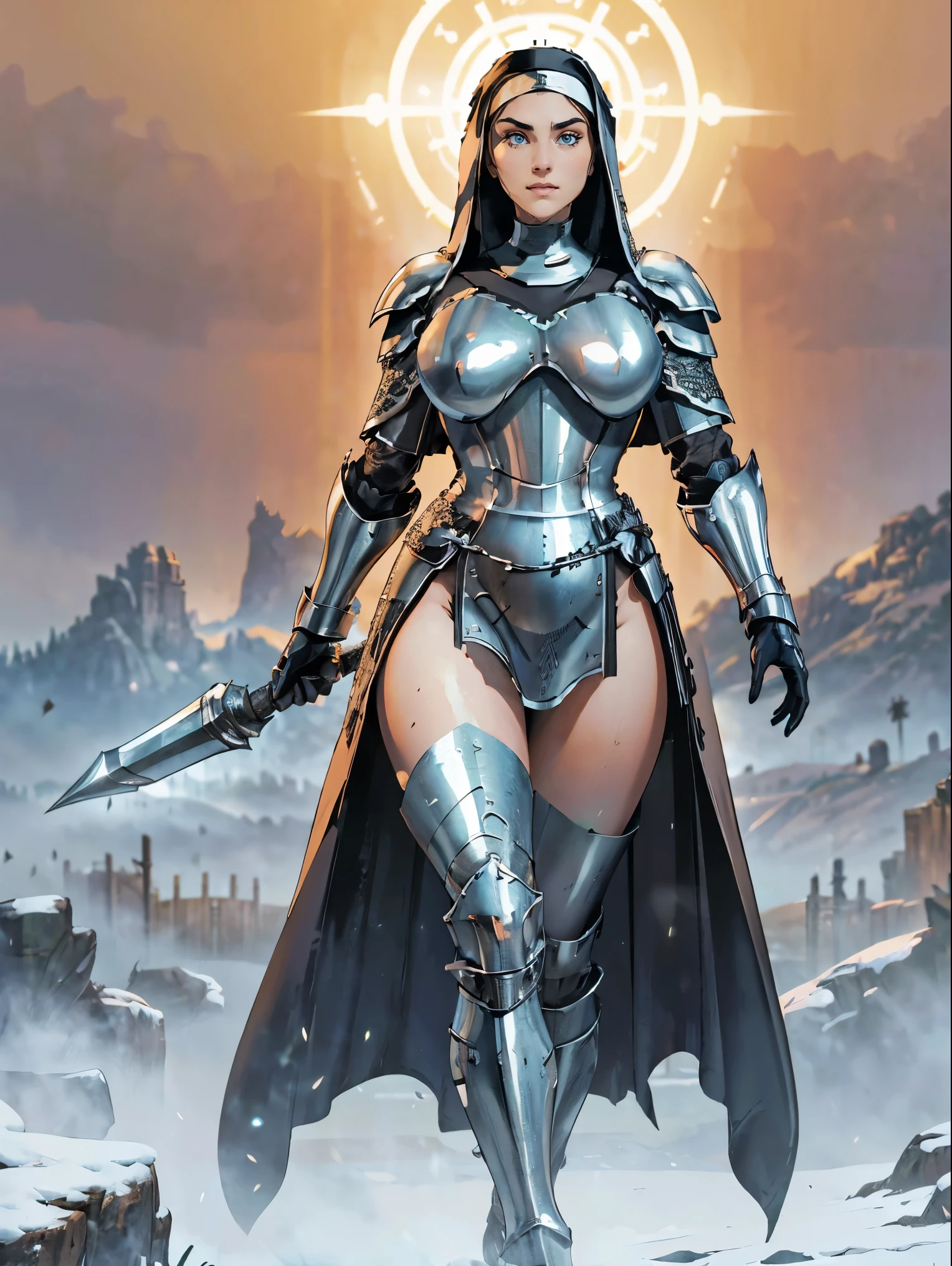 (masterpiece, top quality, best quality, official art, beautiful and aesthetic:1.2), (1girl:1.3), ((Sharp facial features, sharp features, hawkish features)), ((blue eyes)), busty brunette paladin knight girl, extremely detailed, portrait, looking at viewer, solo, (full body:0.6), detailed background, full-body shot, (warm mountain meadow theme:1.1), holy knight, (nun), charlatan, smirk, mysterious, swaying in mountains, armor, polished metal, gold trim, long boots, white fabric, pelvic curtain, robe, pale leather, ((((nun, corona, holy aura, mace, heavy armor, armored, long legs, pelvic curtain, toned, muscular, chainmail)))), slim waist, slim hips, long legs, medieval (mountain exterior:1.1) background, dark mysterious lighting, shadows, magical atmosphere, dutch angle