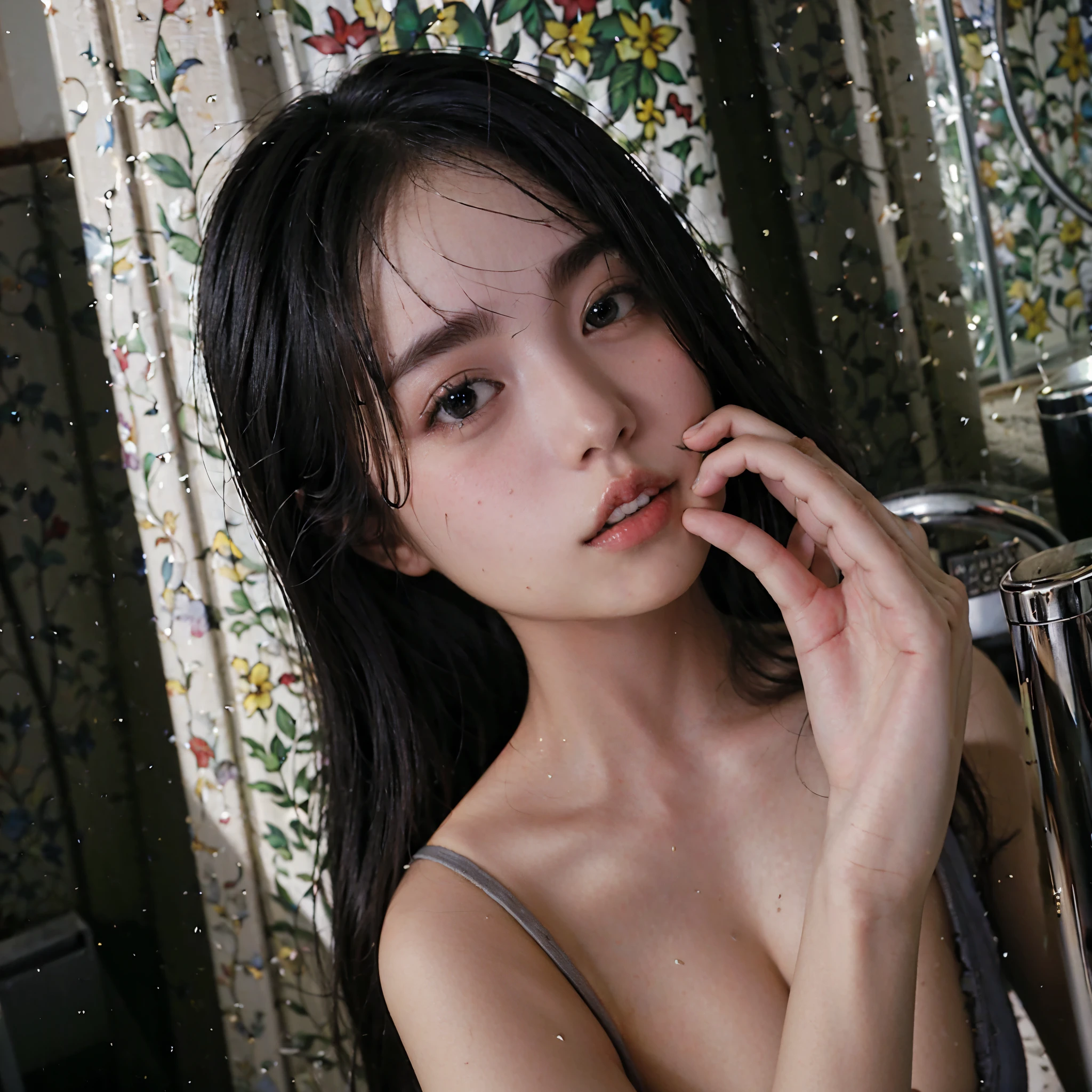 Highest image quality, excellent details, Ultra-high resolution, (Realism: 1.4), ((close up:1.3, view the viewer)), The best illustrations, favor details, Highly condensed 1girl,delicate and beautiful face,(Showering，After taking a shower、Posture wrapped in a thin towel,Hair is completely wet：1.4，Woman bathed naked drenched:1.4),Pink bathroom pink bathtub，