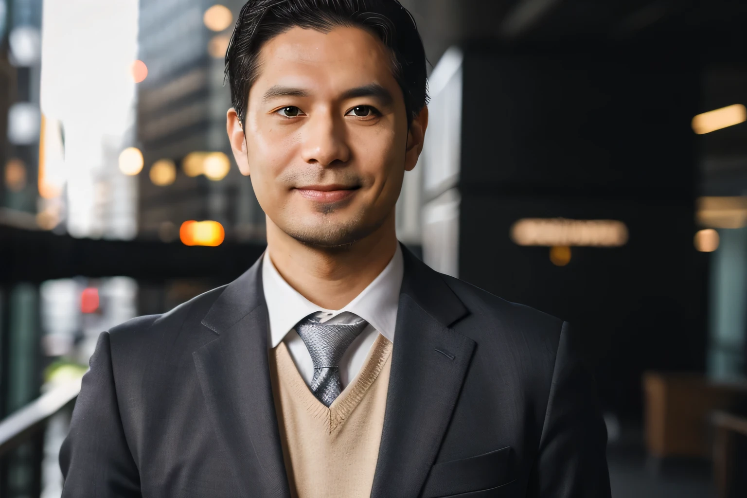 looking away, wide shot, realism, ((Arms crossed)), From the waist up, 8k Full Length Portrait, Handsome Japanese man, 40-year-old male, Attractive look, Detailed facial details, ((Beardless)), office, Shibuya Background, short hair, smile, (( business suit))