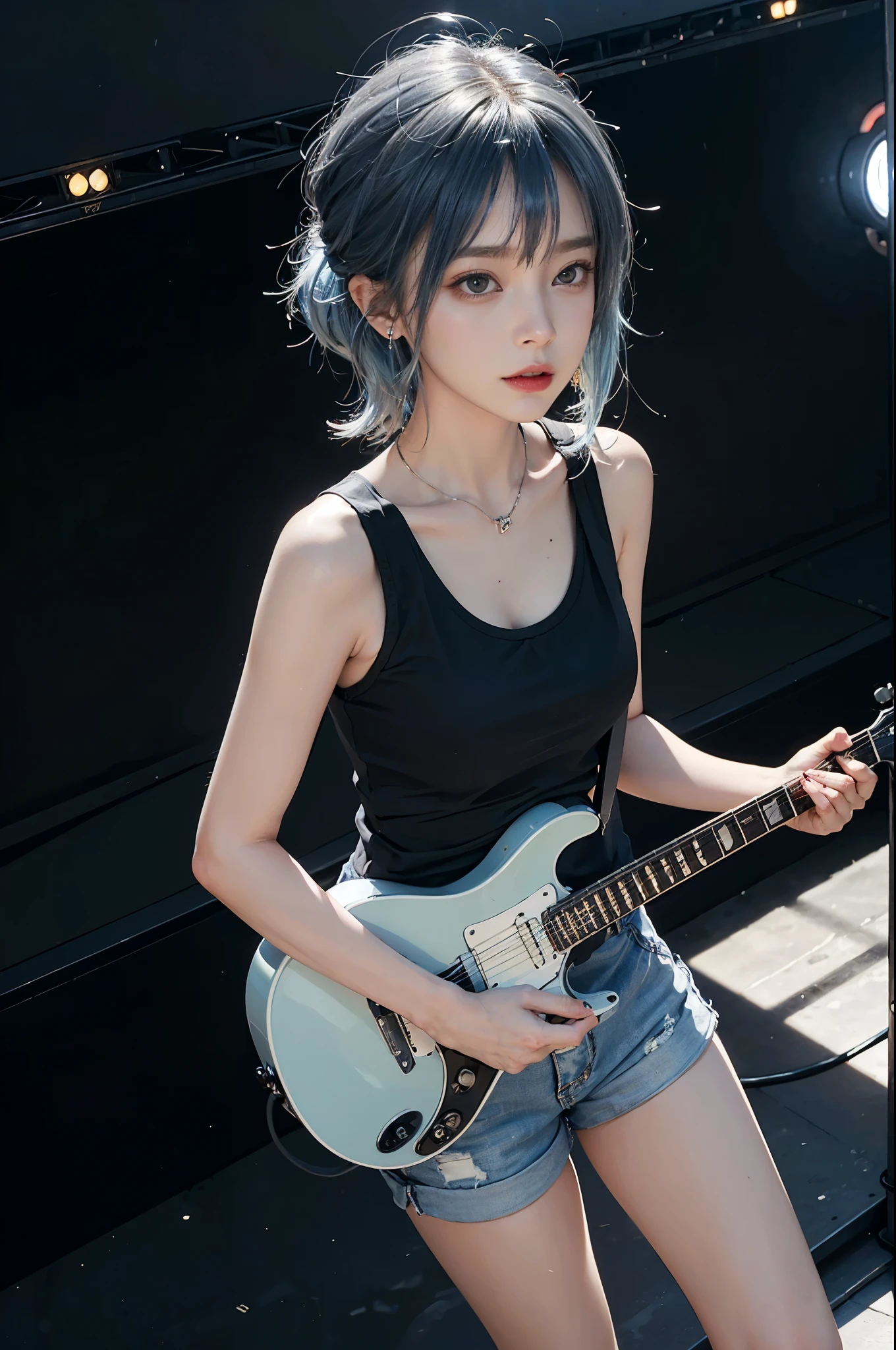 (1 Girl Solo, 1 Sexy Woman, Blue Hair, Medium Hair, Black Tank Top, Shorts, Singer:1.4), (Sexy woman, Thigh, Cowboy shot, From Above :1.3), woman playing guitar live, Standing in the middle of the live house stage and playing the guitar, (Perfect face, Detailed face, full pouty lips, Glossy lips, Makeup, eyes liner, Expressive eyes), Punk rock chick on stage, (Playing guitar:1.4), Spotlights and laser lights at a large live house, A woman singing a song on stage, Good hands, better hands, ((anatomically correct)), (Futuristic Portrait), (Extreme-Close-Up:1.2), cinema shot, Rim Lighting, Cinematic Light, (Stage, Band in background, stadium, Audience, depth of field), Earrings, Look at viewer, no futuro telhado de luz neon, SSCI - FI e Fantasia, intrincado e muito bonito e elegante, altamente detalhado, pintura digital, art-station, arte conceitual, smooth and sharp focus, illustration, Arte de Tan Zi e Ayanamikodon e Alphonse Mucha e Wlop