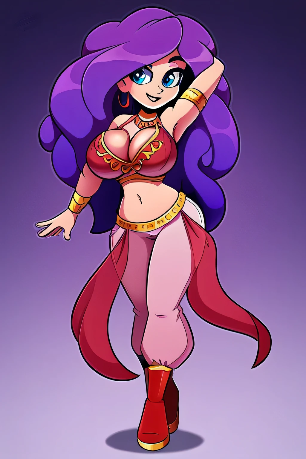 A tall girl, sexy, sensual, big breast, long wavy purple hair, her light blue eye, wearing a pink bra top, belly dancers, and her light pink pants, wearing red Arabic boots.