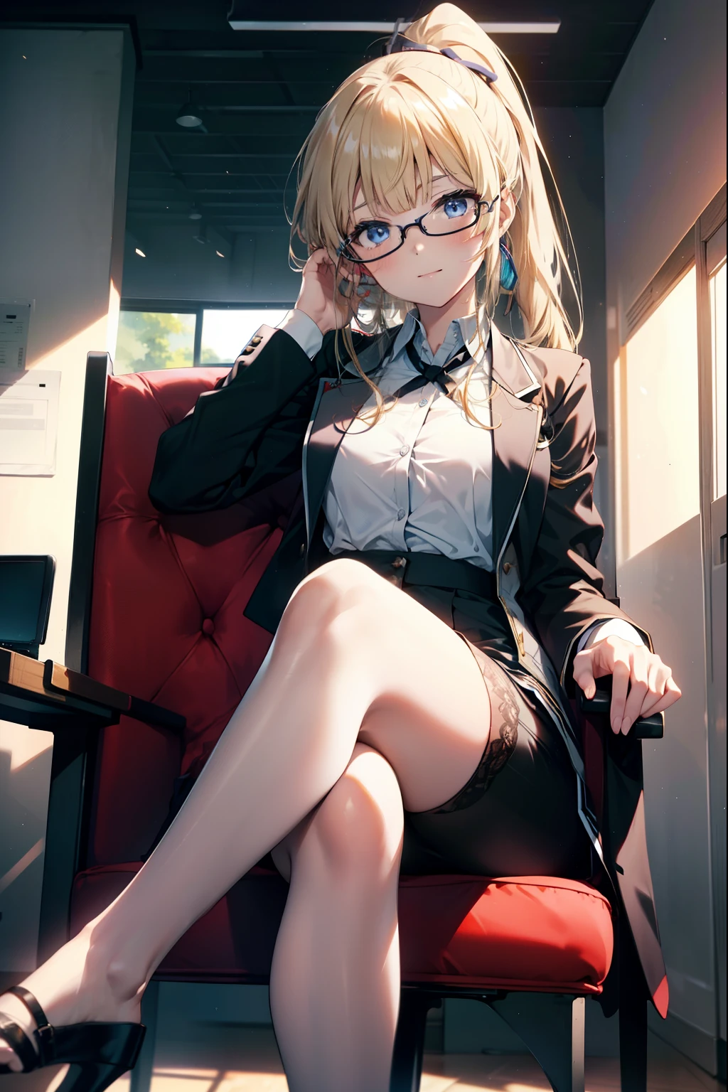 Eliris Penser, eriri sawamura spencer, Blonde Hair, blue eyes, Blunt bangs, hair band, Princess Cut, ponytail long hair, happy smile, smile, Open your mouth,OL, Akagi glasses, Black suit jacket, Collared jacket, White dress shirt, Collared shirt, Neckline, button, Black pencil skirt, Black Pantyhose,Stiletto heels,Arms crossed,sit cross-legged on a chair,There is a computer on the table,touch typing,whole bodyがイラストに入るように,sunny,Daytime,
break indoors, オフィス
break looking at viewer, whole body, 
break (masterpiece:1.2), highest quality, High resolution, unity 8k wallpaper, (shape:0.8), (Beautiful details:1.6), Highly detailed face, Perfect lighting, Extremely detailed CG, (Perfect hands, Perfect Anatomy),