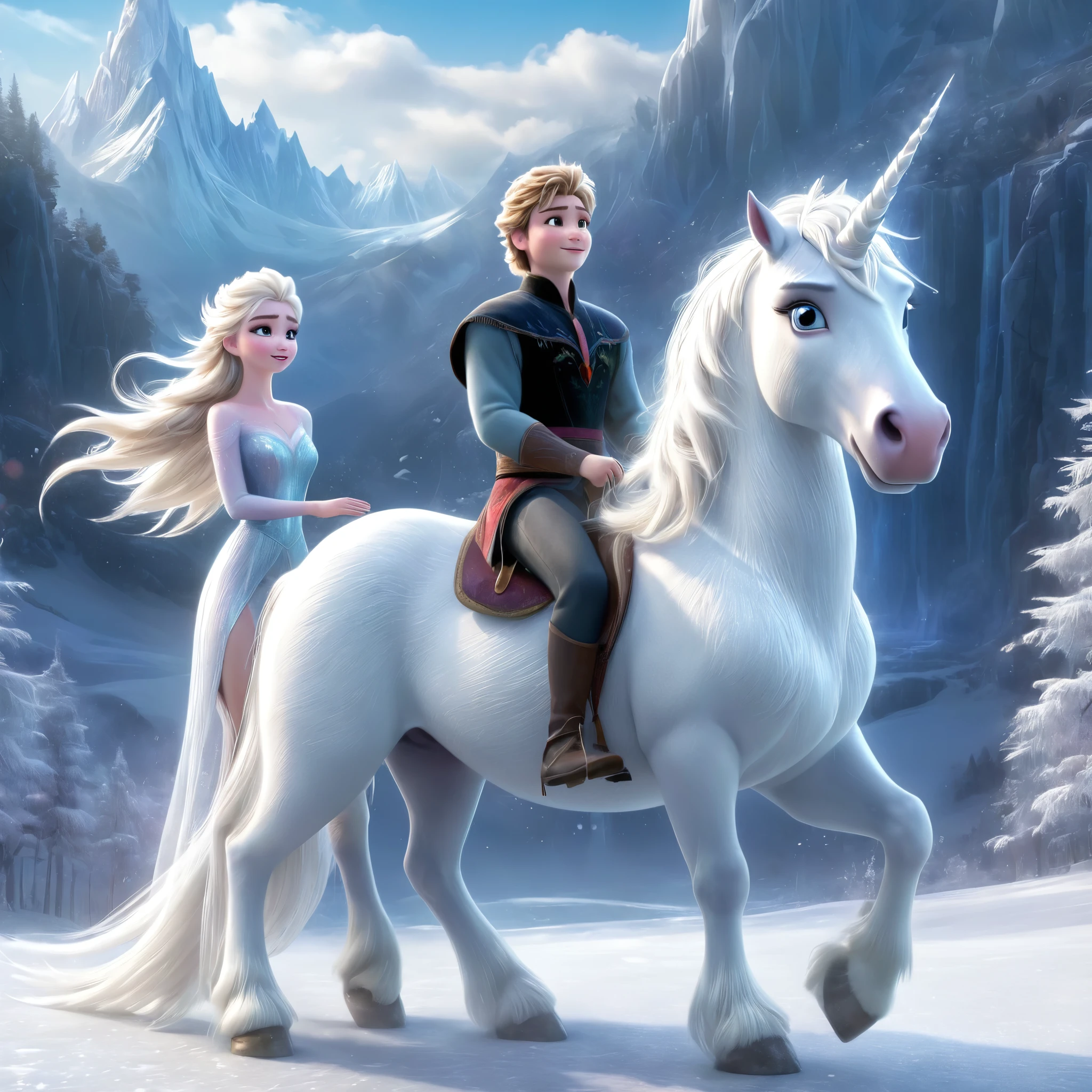 (best quality,4k,8k,highres,masterpiece:1.2),ultra-detailed,(realistic,photorealistic,photo-realistic:1.37),Pixar style:2,Elsa from "Frozen 2",riding a white unicorn,1 handsome magic boy standing by the unicorn，flowing translucent dress,white leggings,full-body shot,snowy landscape,magical aura