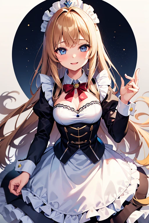 1girl,light brown color medium length hair,tareme,(blue eyes)+,kind smile,medium breasts,fusion of blazer and maid costume,