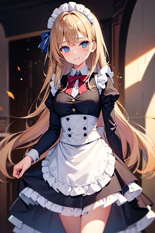 1girl,light brown color medium length hair,tareme,(blue eyes)+,kind smile,medium breasts,fusion of blazer and maid costume,