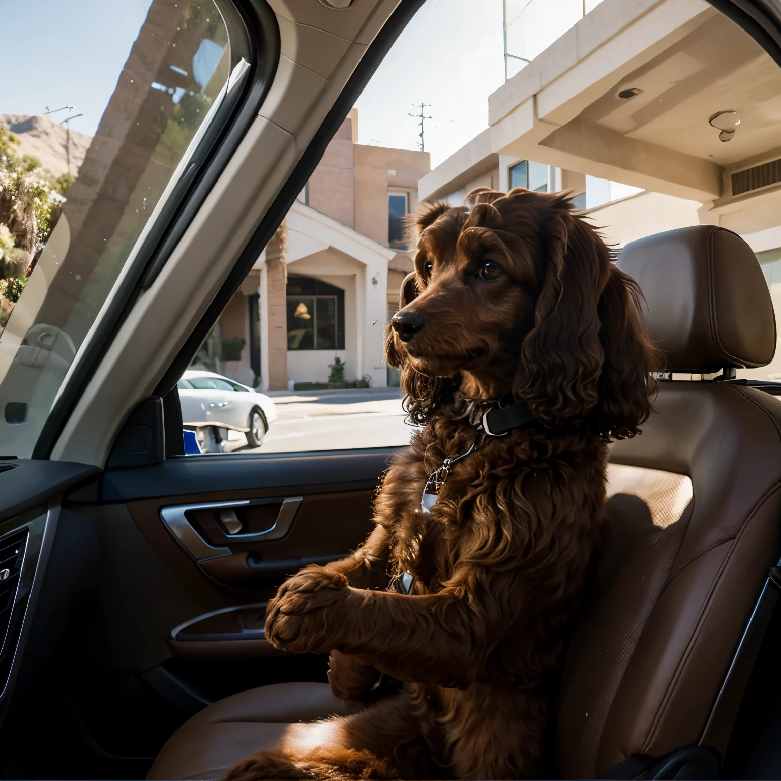 A brown poodle driving in California, waving out of the window 