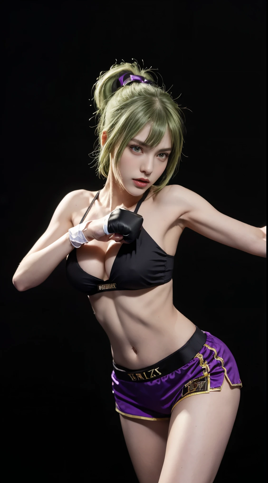 8K, Top Quality, Intricate Details, Ultra Detail, Ultra High Resolution, Masterpiece, close up shot, (full body: 1.1), Slender, Smile, (Makeup: 0.4), ,(( straight punch, boxing , punching))(Fluffy purple Eyes: 1.21), (()), 1girl, solo, 1 girl, ((green hair, bangs, high ponytail)), close up shot, , ((tall)), (((fit body))), (((slim face))), sharp face, (())  ,(detailed face), sharp face, small lips, , ,(( straight punch, boxing , punching)) ,, ,
 ((, )), , ((open cape)), detailed face, detailed breast, , ((large breast, huge , , Narrow Waist, Skinny, tall , 190 cm tall, Muscular, Navel, Exposed Abdomen, Pointed Chest,, Beautiful girl with accentuated slender abs: 1.4, Six Pack Abs: 1.4, Bust Botox, Big, Perfect Body, detail legs, (( dark background)), black background,