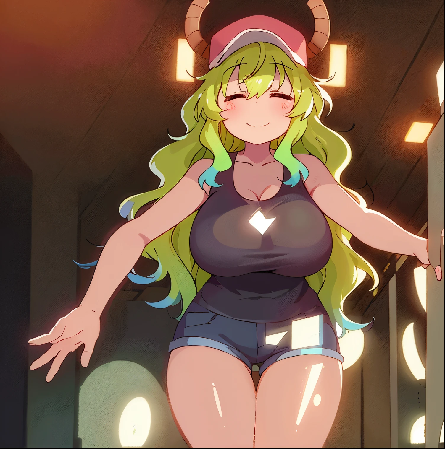 1 girl, alone, lucoa, black tank top, blue shorts, short shorts, huge breasts, medium waist, wide hips, medium thighs, round butt, long hair, blush, smile, hat, closed mouth, closed eyes, horns , baseball cap, pink hat, horns through the hat, arms behind the back, facing the viewer, from the front, pov (from below), standing, thigh gap, sexy body, perfect hands, perfect anatomy