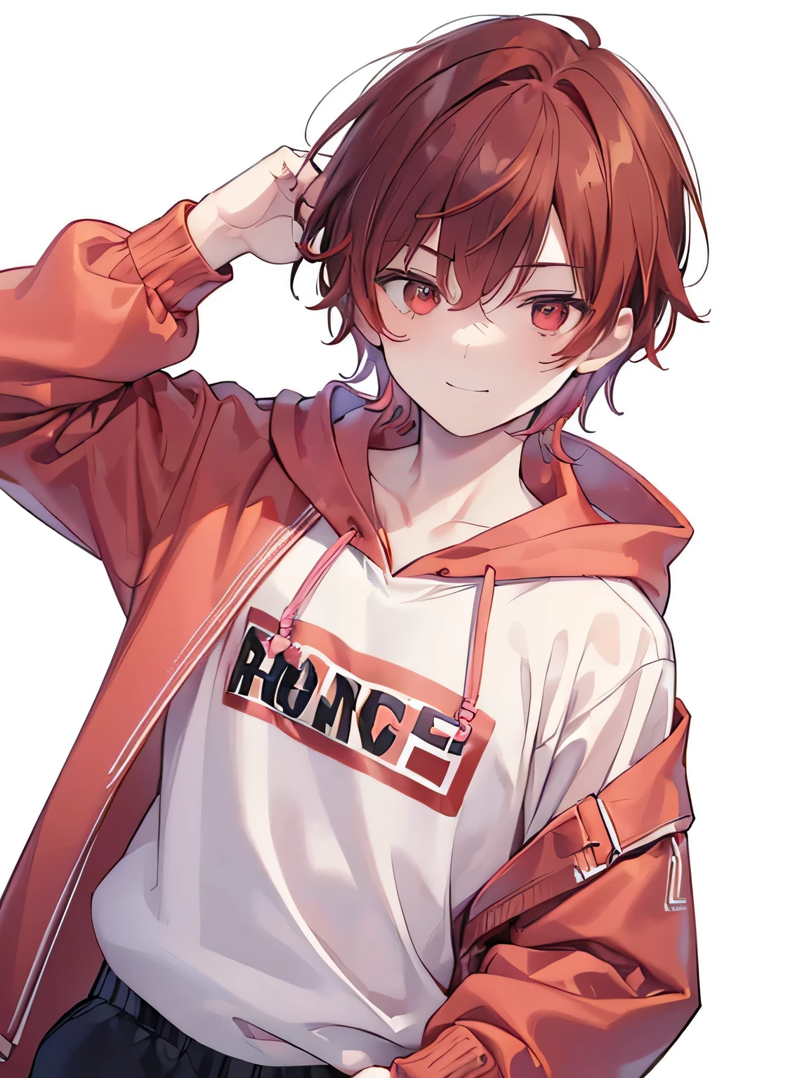 best quality , detailed , ((( 1 male ))) , ( male focus:1.2 ) , ( brown hair ) , (( red inner hair )) , (( two block hair )) , (very short length mullet hairstyle ) , bangs , ( male face:1.3 ) , oversized wear , (pink hoodie:1.2) , sharp nose , cold eye , (( boy eye )) , reddish brown eye , eyebrows , naughty smile , slim body , ( facing the front ) , (( cowboy shot:1.2 )) , ( white background:1.2 )