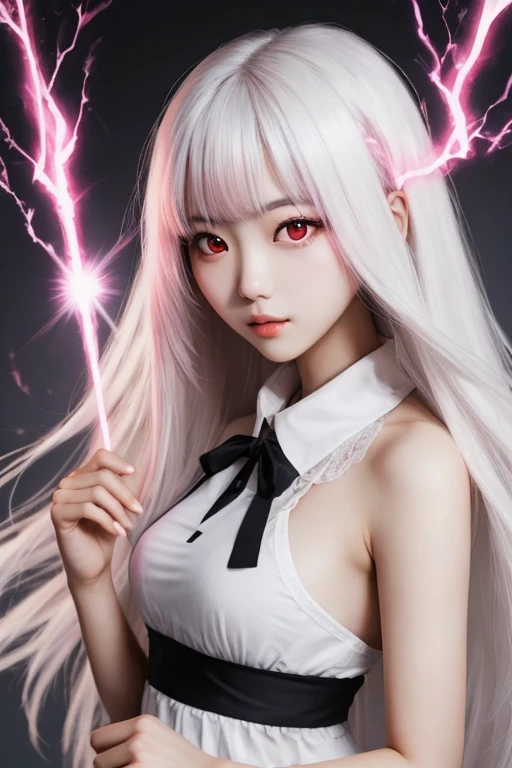korean white long haired girl with pink eyes with powers