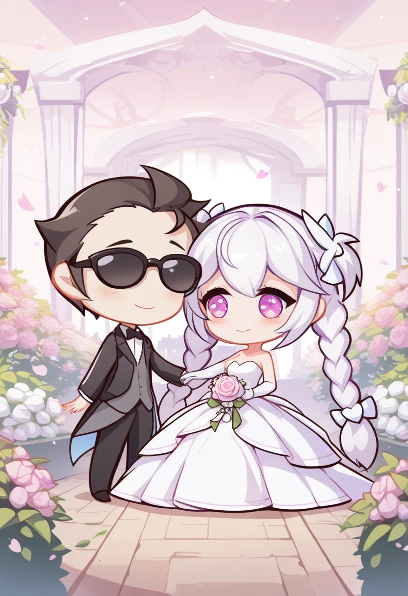 1girl, 1boy, (couple,wedding,cute), (chibi, detailed illustration), cryptic_g, wedding dress, ((white hair, twin braid, twintails)),  BREAK, short hair, black hair, sunglasses, BREAK, wedding photo, prewedding, flowers background, garden, windy, depth of field, background, masterpiece, best quality, amazing quality, very aesthetic, absurdres