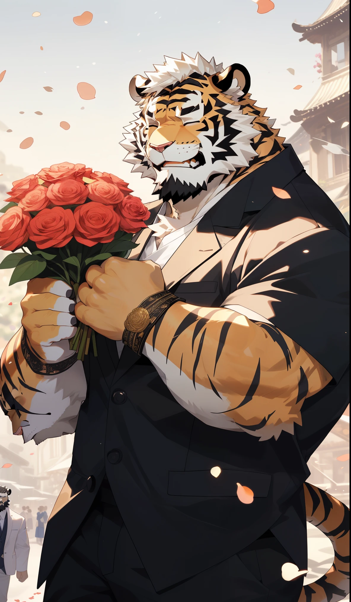 hairy,(tiger,Black short sleeve:1.3)beard,Golden pupils,White short hair,Strong body,Golden fur,With eyes closed,male,Grin,Holding a bouquet of flowers in both hands,街道background,Front view,background,真实的background,极其lifelike阴影,masterpiece,Very detailed,lifelike。