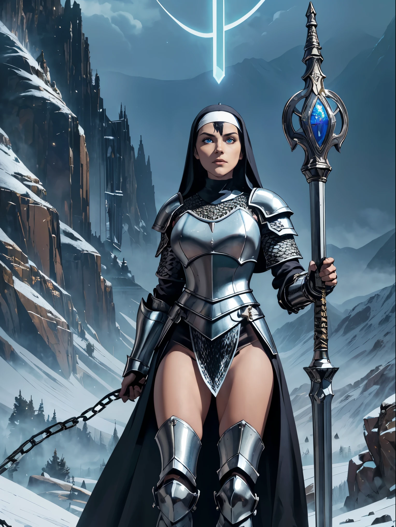 (masterpiece, top quality, best quality, official art, beautiful and aesthetic:1.2), (1girl:1.3), ((Sharp facial features, sharp features, hawkish features)), ((blue eyes)), busty brunette paladin knight girl, extremely detailed, portrait, looking at viewer, solo, (full body:0.6), detailed background, full-body shot, (warm mountain meadow theme:1.1), holy knight, (nun), charlatan, smirk, mysterious, swaying in mountains, armor, polished metal, gold trim, long boots, white fabric, pelvic curtain, robe, pale leather, ((((nun, corona, holy aura, mace, heavy armor, armored, long legs, pelvic curtain, toned, muscular, chainmail)))), slim waist, slim hips, long legs, medieval (mountain exterior:1.1) background, dark mysterious lighting, shadows, magical atmosphere, dutch angle