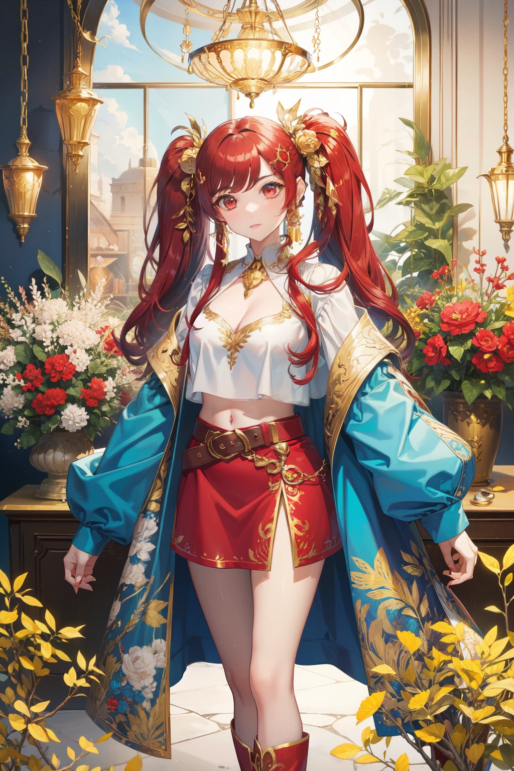 Eleonora Viltaria, Red eyes, Red hair, Long Hair, bangs, Twin tails, hair ornaments, Blue crop top, Cleavage, Golden decoration, Shirt collar, Blue sleeves up to the elbow, skirt, belt, Red Boots, Are standing, View Viewer, alone, indoor