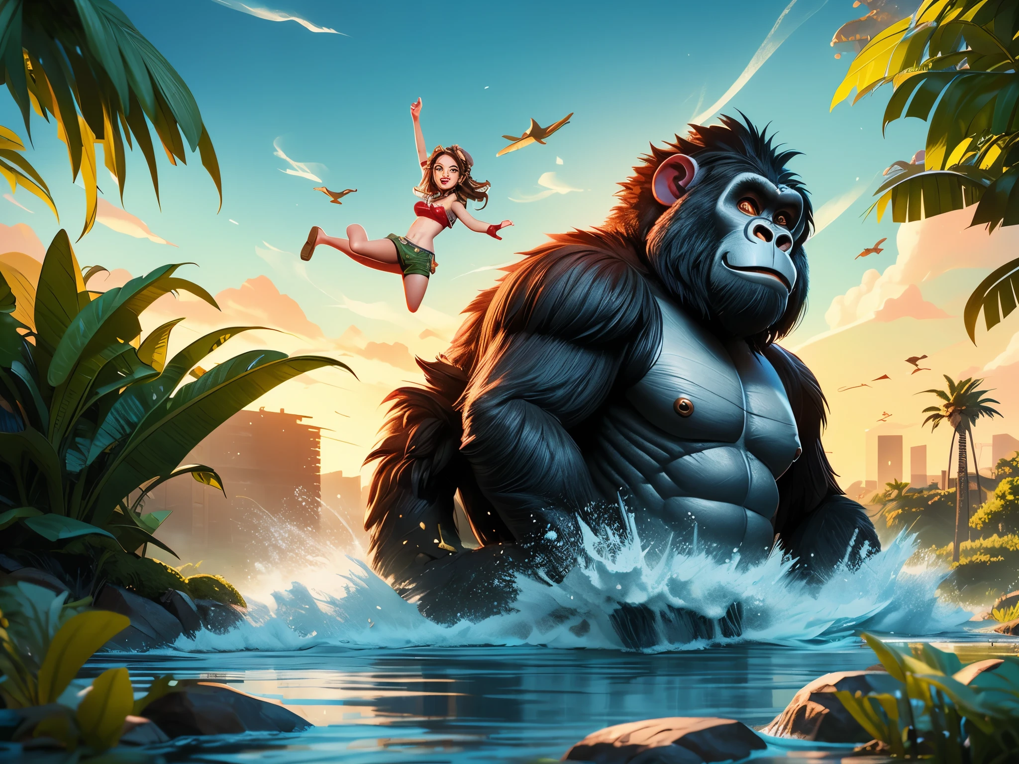 king Kong giant gorilla with a beautiful girl on a river on the jungle of Brasilia epic best cinematic picture