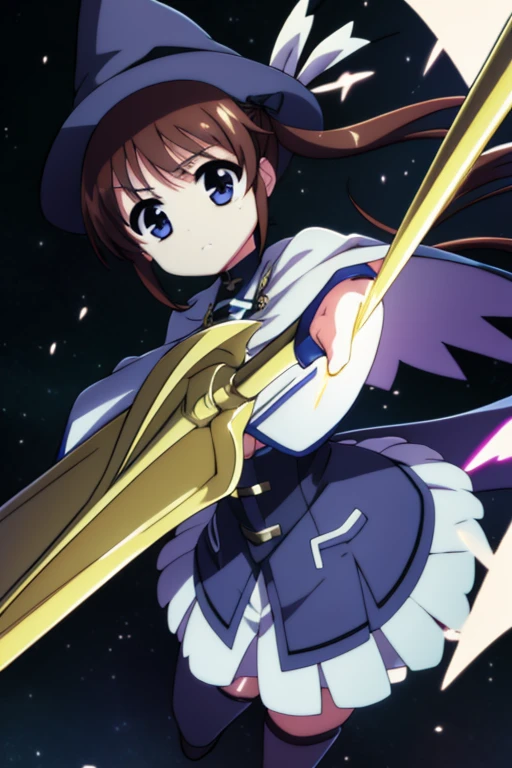 nanoha、uniform、skirt、Long Hair、Cape、Witch Hat、Magic wand