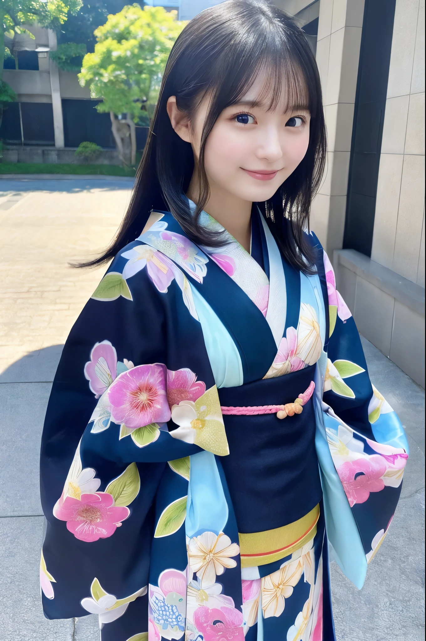 （(kimono))、((14 years))、Random pose、(highest quality,masterpiece:1.3,超A high resolution,),(Ultra-detailed,Caustics),(Photorealistic:1.4,RAW shooting,)Ultra-Realistic Capture,Very detailed,High resolution 16k human skin closeup、 The skin texture is natural、、The skin looks healthy、The color is also uniform.、 Use natural light and color,1 girl,Japanese,,cute,Black-haired,Mid-length hair,,smile,,(Depth of written boundary、chromatic aberration、、Wide range of lighting、Natural Shading、)、