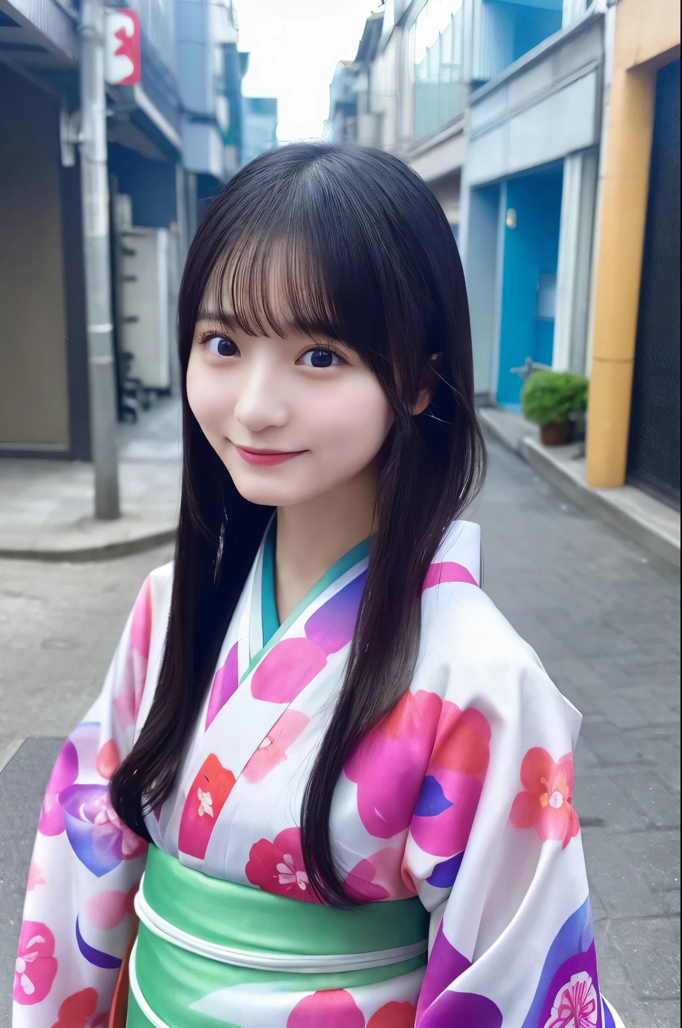 （(kimono))、((14 years))、Random pose、(highest quality,masterpiece:1.3,超A high resolution,),(Ultra-detailed,Caustics),(Photorealistic:1.4,RAW shooting,)Ultra-Realistic Capture,Very detailed,High resolution 16k human skin closeup、 The skin texture is natural、、The skin looks healthy、The color is also uniform.、 Use natural light and color,1 girl,Japanese,,cute,Black-haired,Mid-length hair,,smile,,(Depth of written boundary、chromatic aberration、、Wide range of lighting、Natural Shading、)、