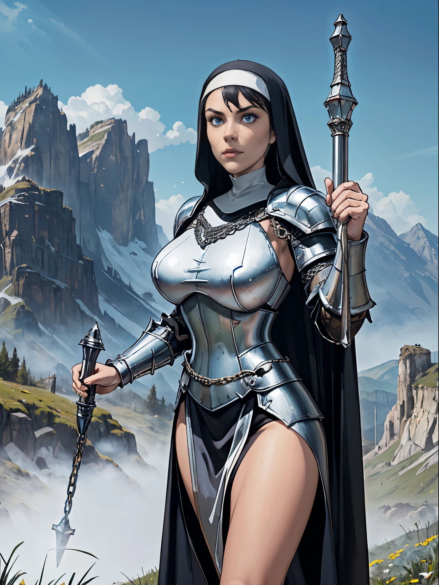 (masterpiece, top quality, best quality, official art, beautiful and aesthetic:1.2), (1girl:1.3), ((Sharp facial features, sharp features, hawkish features)), ((blue eyes)), busty brunette paladin knight girl, extremely detailed, portrait, looking at viewer, solo, (full body:0.6), detailed background, full-body shot, (warm mountain meadow theme:1.1), holy knight, (nun), charlatan, smirk, mysterious, swaying in mountains, armor, polished metal, gold trim, long boots, white fabric, pelvic curtain, robe, pale leather, ((((nun, corona, holy aura, mace, heavy armor, armored, long legs, pelvic curtain, toned, muscular, chainmail)))), slim waist, slim hips, long legs, medieval (mountain exterior:1.1) background, dark mysterious lighting, shadows, magical atmosphere, dutch angle