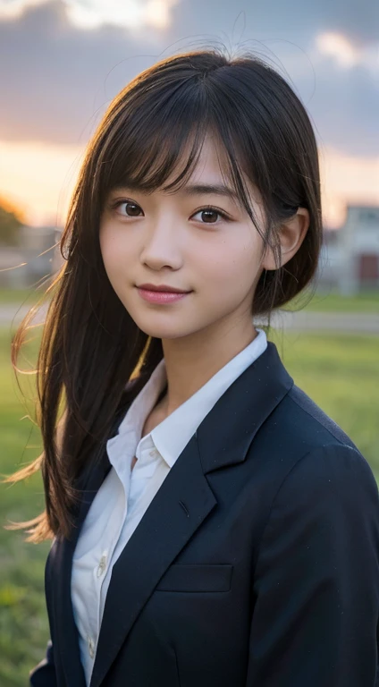 (highest quality,8K quality,masterpiece:1.3),(Ultra-high resolution,Realistic:1.4,Live Shooting),(Very detailed,Caustics,Detailed Background),(Ultra-Realistic Capture,Beautiful and detailed skin,Perfect Anatomy),At dusk,Sunset sky,School building,Schoolyard,14 years old,cute,single eyelid,Long black hair,School blazer uniform,Looking into the camera,A sloppy smile,Bust up shot,Natural light