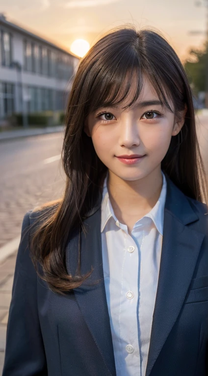 (highest quality,8K quality,masterpiece:1.3),(Ultra-high resolution,Realistic:1.4,Live Shooting),(Very detailed,Caustics,Detailed Background),(Ultra-Realistic Capture,Beautiful and detailed skin,Perfect Anatomy),At dusk,Sunset sky,School building,Schoolyard,14 years old,cute,single eyelid,Long black hair,School blazer uniform,Looking into the camera,A sloppy smile,Bust up shot,Natural light
