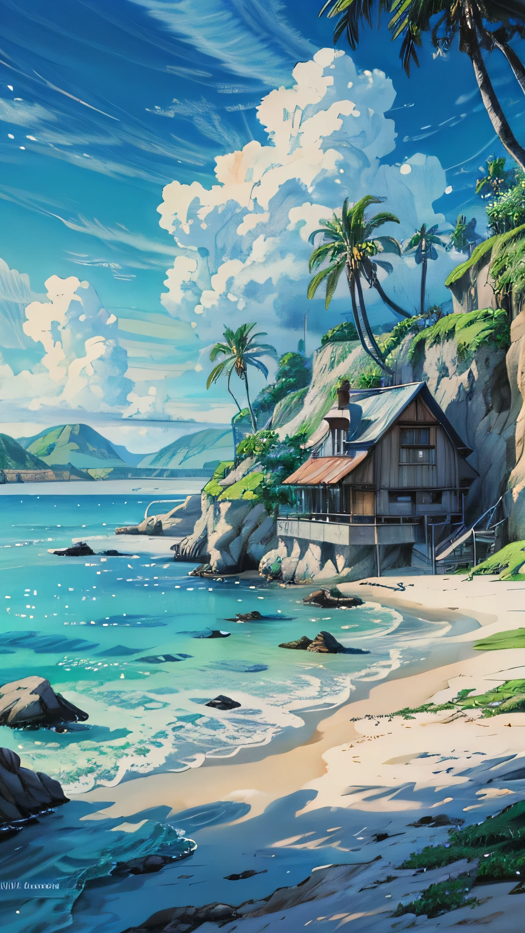 a painting of a house on the beach, ross tran. scenic background, anime scenery, wallpaper anime blue water, anime landscape, blue sea. by makoto shinkai, anime painting, ocean background setting, anime background art, anime nature, magical beach, fantasy sea landscape, anime landscape wallpaper, anime nature wallpap, beautiful anime art, by RHADS, realistic ocean, 4k hd,, beautiful art uhd 4 k, a beautiful artwork illustration, beautiful digital painting, highly detailed digital painting, beautiful digital artwork, detailed painting 4 k, very detailed digital painting, rich picturesque colors, gorgeous digital painting, no human