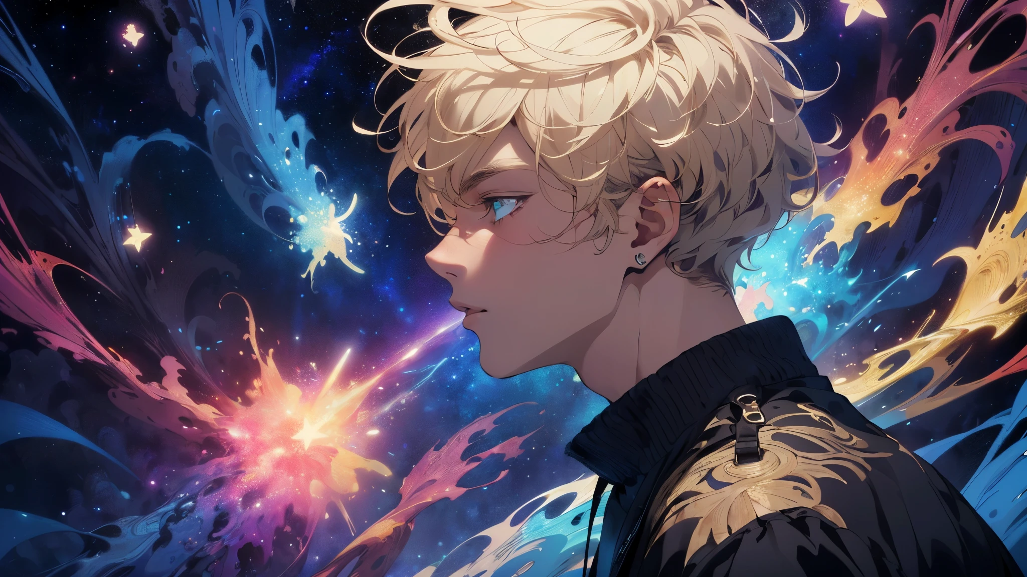 actual, (masterpiece, top quality, best quality, official art, Beauty and Aesthetics: 1.2), Very detailed, Fractal art, colorful, most detailed, tangled, (abstract background: 1.5) (1 boy: 1.3), God, blonde hair, short hair,profile, (glowing blue eyes, starry sky, handsome man, (((Glorious Licorice)))