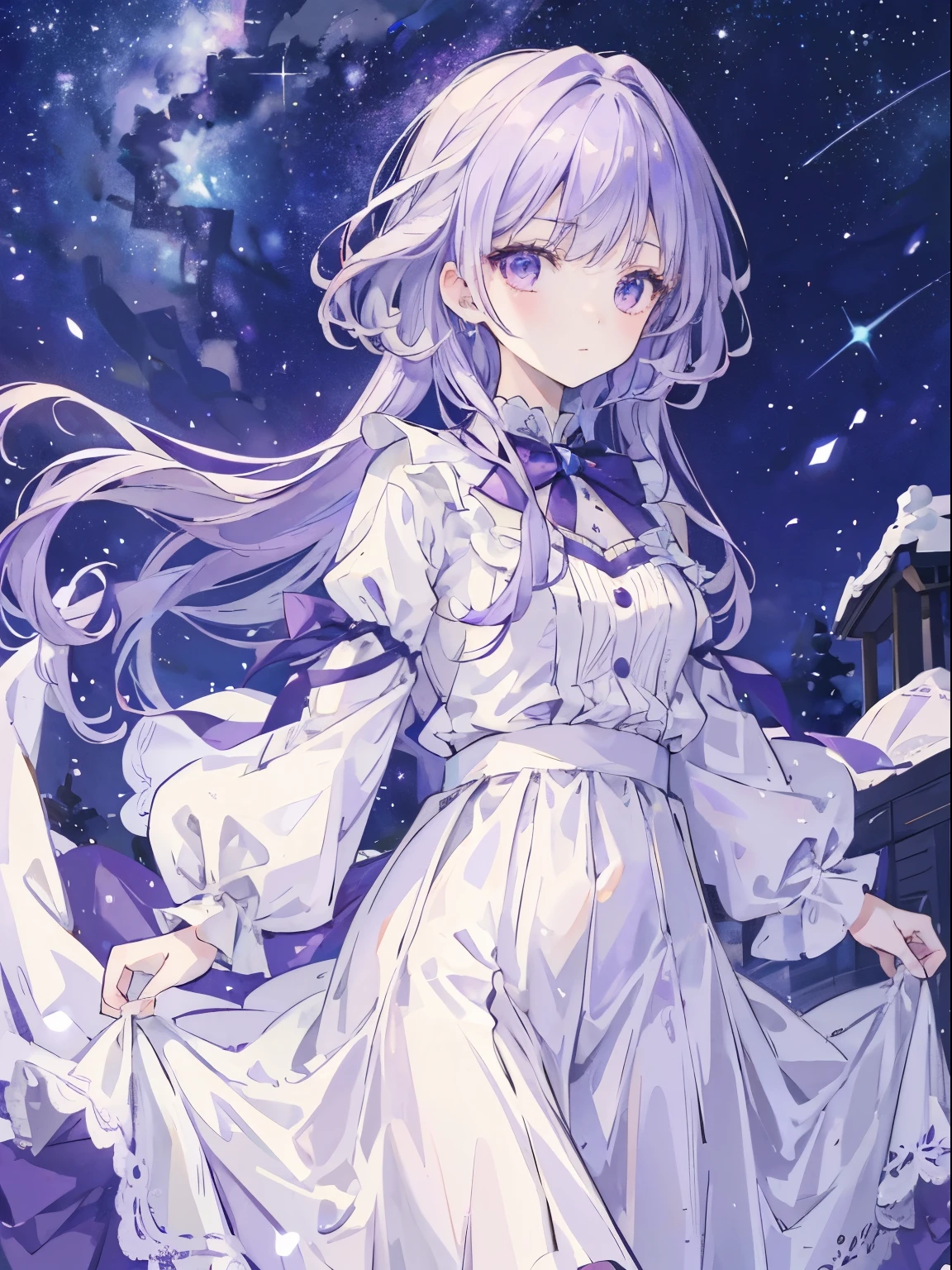 master piece,highest quality,1 girl,light purple hair,purple eyes,white long skirt,starry sky,Starlight